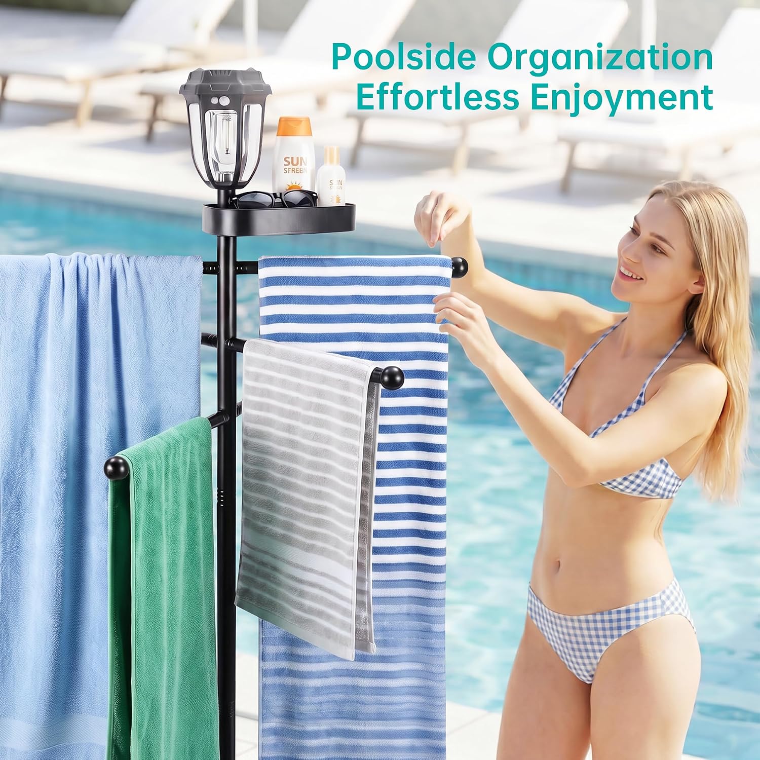 63" Outdoor Solar Freestanding Towel Rack with Storage Tray | Black metal towel holder, 6 hanging rods, floor standing towel shelf for poolside, spa, bathroom outdoor towel storage