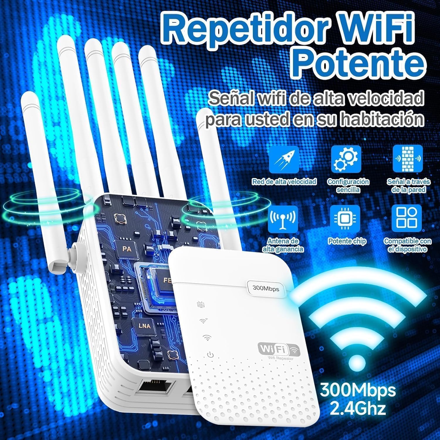 Repetidor WiFi Potente Amplificador de señal WiFi,6 Antenas,2 Puertos LAN,Modo Repetidor/Router/Ap,Cobertura 360° de hasta 3800 m²,Adecuado para Oficinas y Casa,Fácil de Instalar