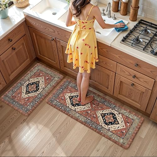 Vista 177 de KIMODE - Juego de 2 tapetes de cocina bohemios, antifatiga, antideslizantes, impermeables, ergonómicos, acolchados, cómodos, para lavandería, Caqui