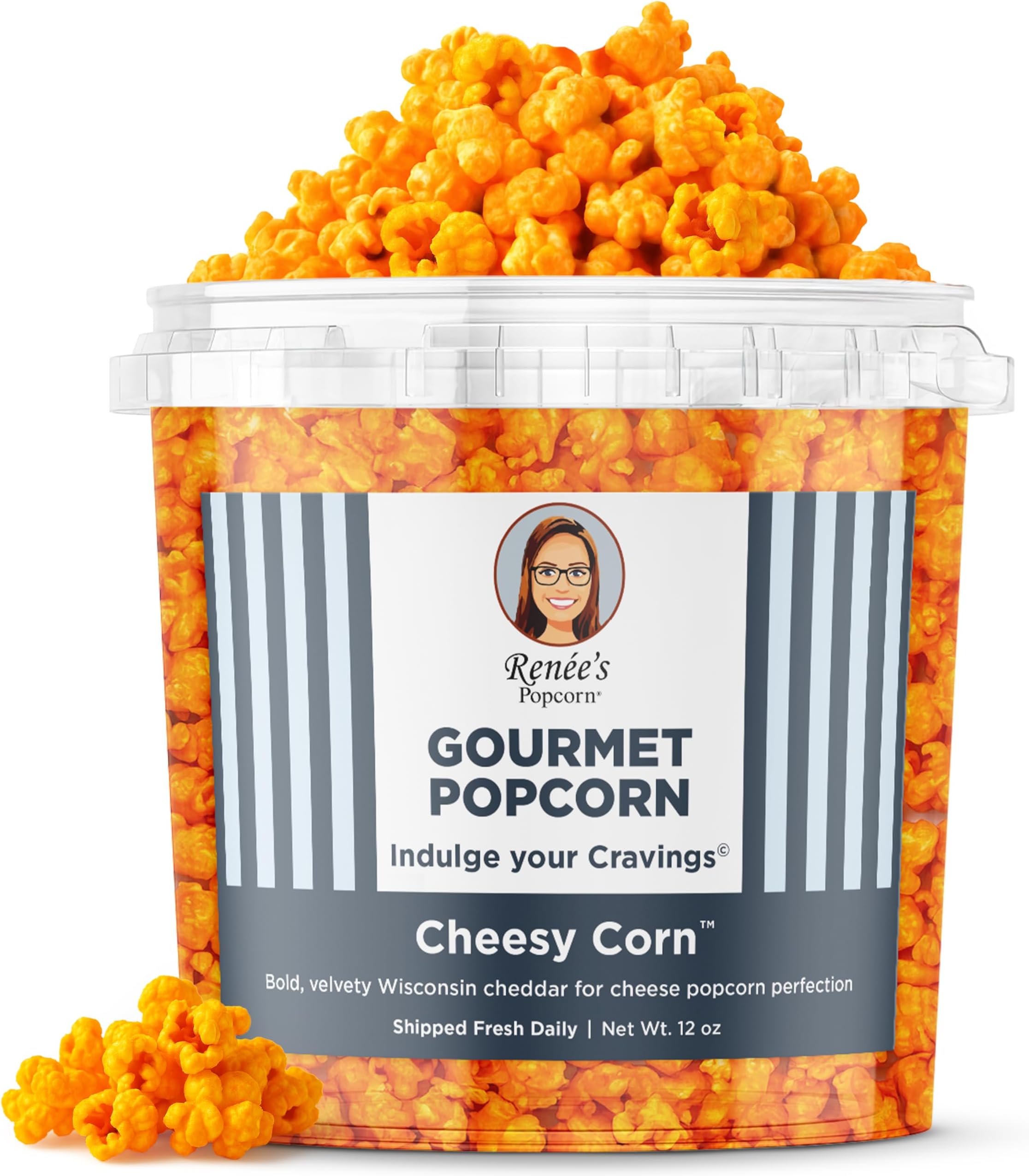 Renée’s Cheesy Corn™ Gourmet Cheese Popcorn - real Wisconsin cheddar cheese is smooth and velvety- delicious cheesiest fresh popped, handmade snack or gift - 1.1 gallon plastic bucket tin 12 oz bulk party size.