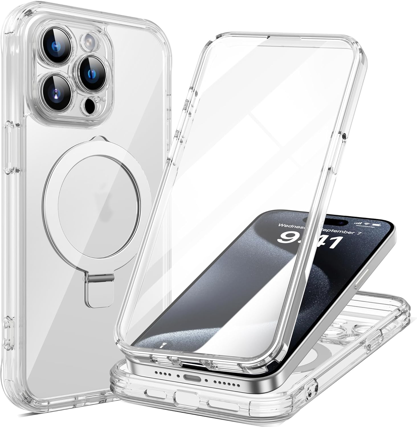 for iPhone 16 Pro Max Case with Invisible Magnetic Stand, Compatible with Mag-Safe Military-Grade Protection with Built-in Screen Protector, Shockproof Phone Case for Women Men, Clear