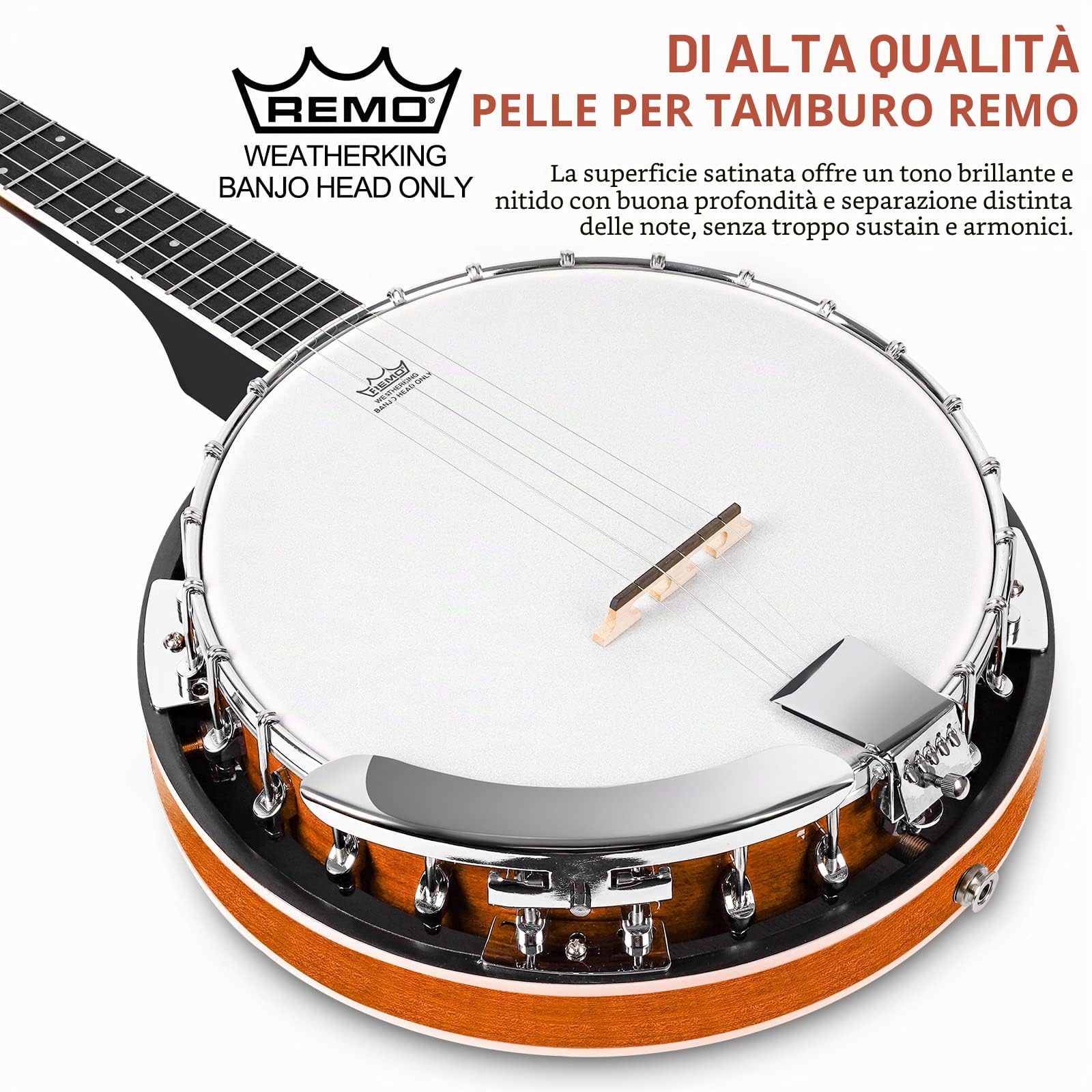 Vangoa Banjo a 5 corde con Remo Testa Chiusa Indietro Solida Banjo con Kit per Principianti, Accordatore, Cinghia, Pick up, Archi, Plettri e Borsa
