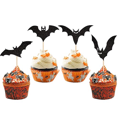 Miniatura 8 de 24 piezas de decoración de cupcakes de murciélago de Halloween con purpurina negra para Halloween, temática de Halloween, baby shower, fiesta de