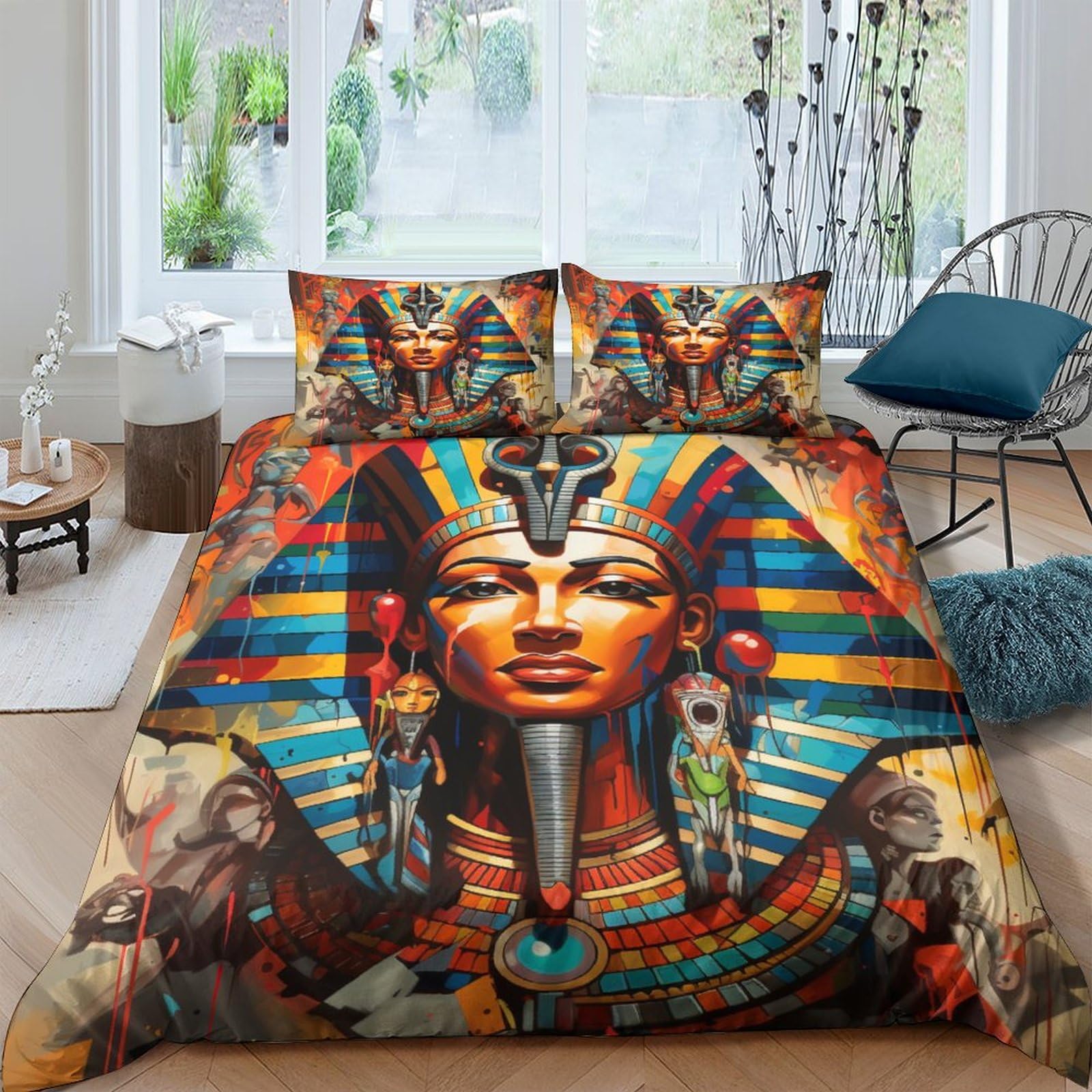Parure de lit 3 pièces motif pharaon avec housse de couette zippée