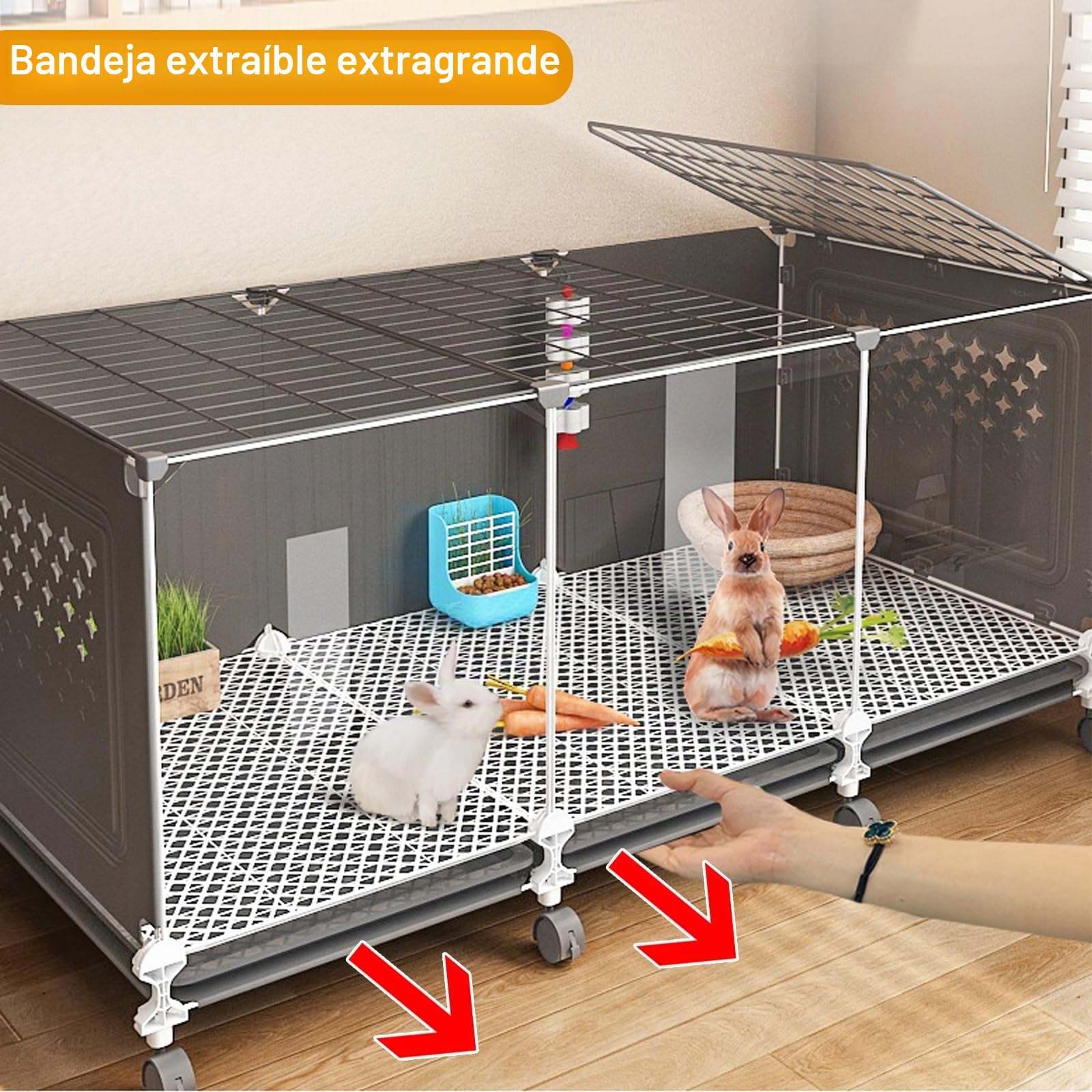 Jaula Cerrada para Conejos, Jaula para Conejos Interior con Bandeja Extraíble Extra Grande, Rueda Universal de 360 ​​​​° Panorámica Transparente para Conejo, Hurón, Chinchilla