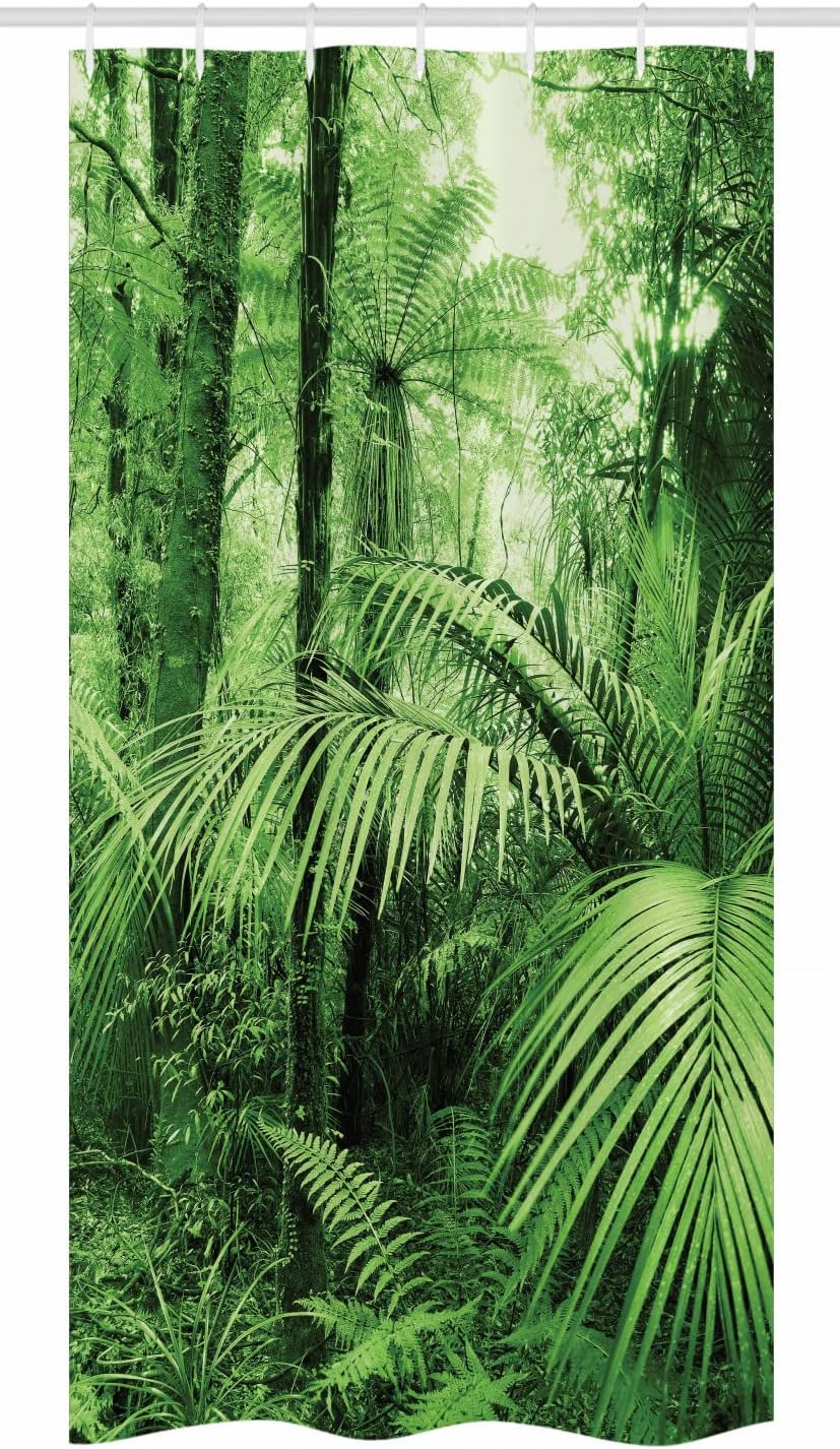 Ambesonne Rainforest Stall Shower Curtain, Palm Trees and Exotic Plants in Tropical Jungle Wild Nature Theme Illustration, Fabric Bathroom Decor Set with Hooks, 36" X 72", Green Forest