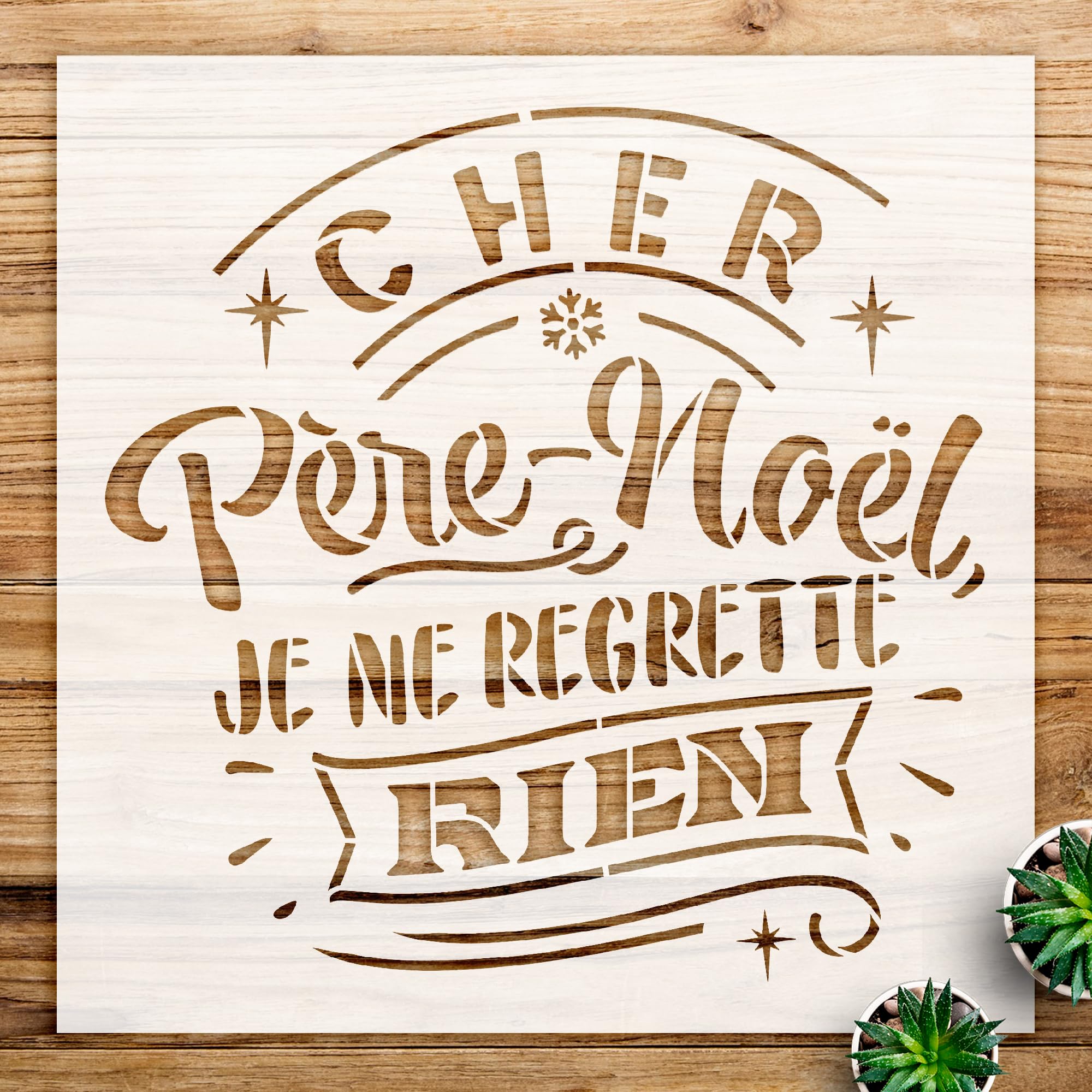 Christmas Stencil Pattern for Walls and Crafts, Reusable Mylar Template Featuring 'Cher père noël je ne Regrette Rien' Design, Ideal for Holiday Decor and DIY Projects - Size A1 (23.4