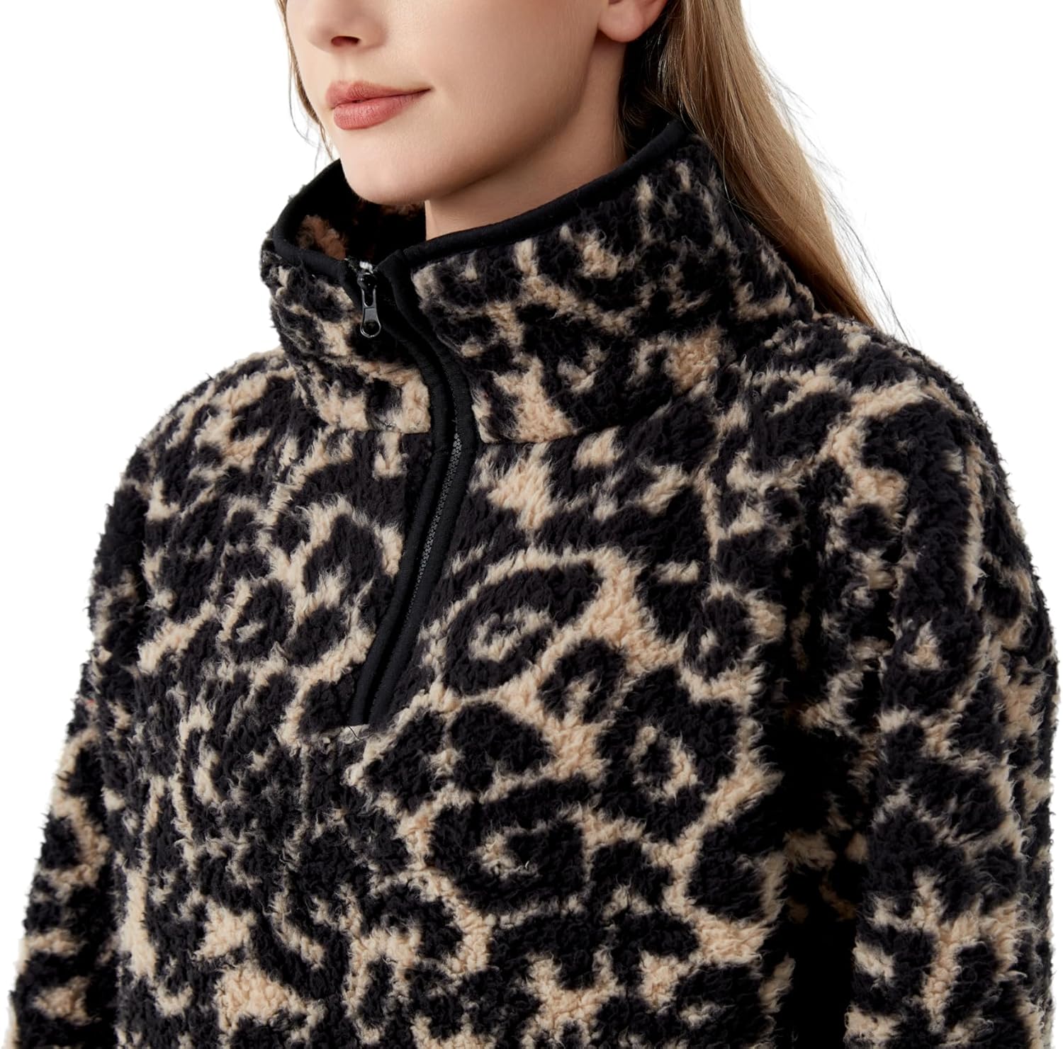 Fashion Women's Sherpa Pullover, Fleece Stand Collar Jacket with Animal Geometric Print, Cozy Winter Outerwear - Image 5