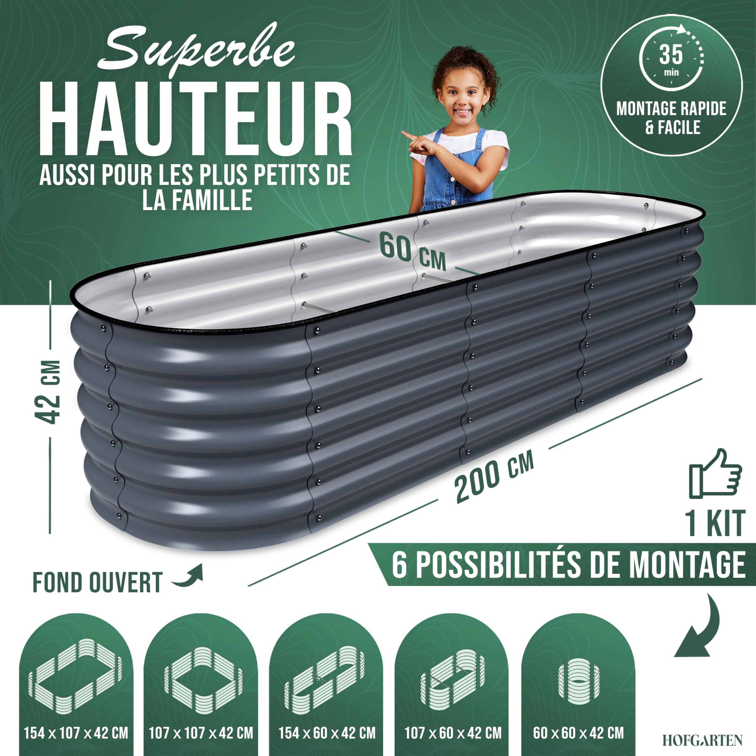 HOFGARTEN 200x60x42cm Potager Surélevé de Jardin [Kit Modulaire 6-en-1] Bac Potager Extérieur à Fond Ouvert en Acier Galvanisé Premium Zn-Al-MG, Durable & Antirouille - Modèle QuickGrow (Anthracite)