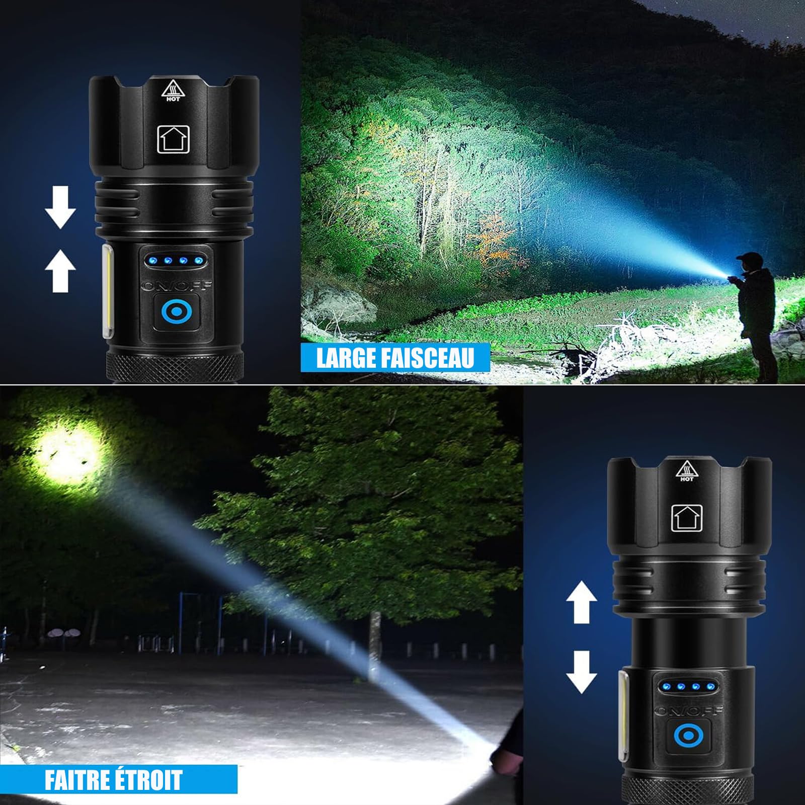 Lampe Torche LED Ultra Puissante, 1000000 Lumens Lampe Torche LED Rechargeable, 7 Modes Super Lumineuse, Longue Durée, IPX7 Étanche Idéal Pour Camping, Randonnée Et Urgences