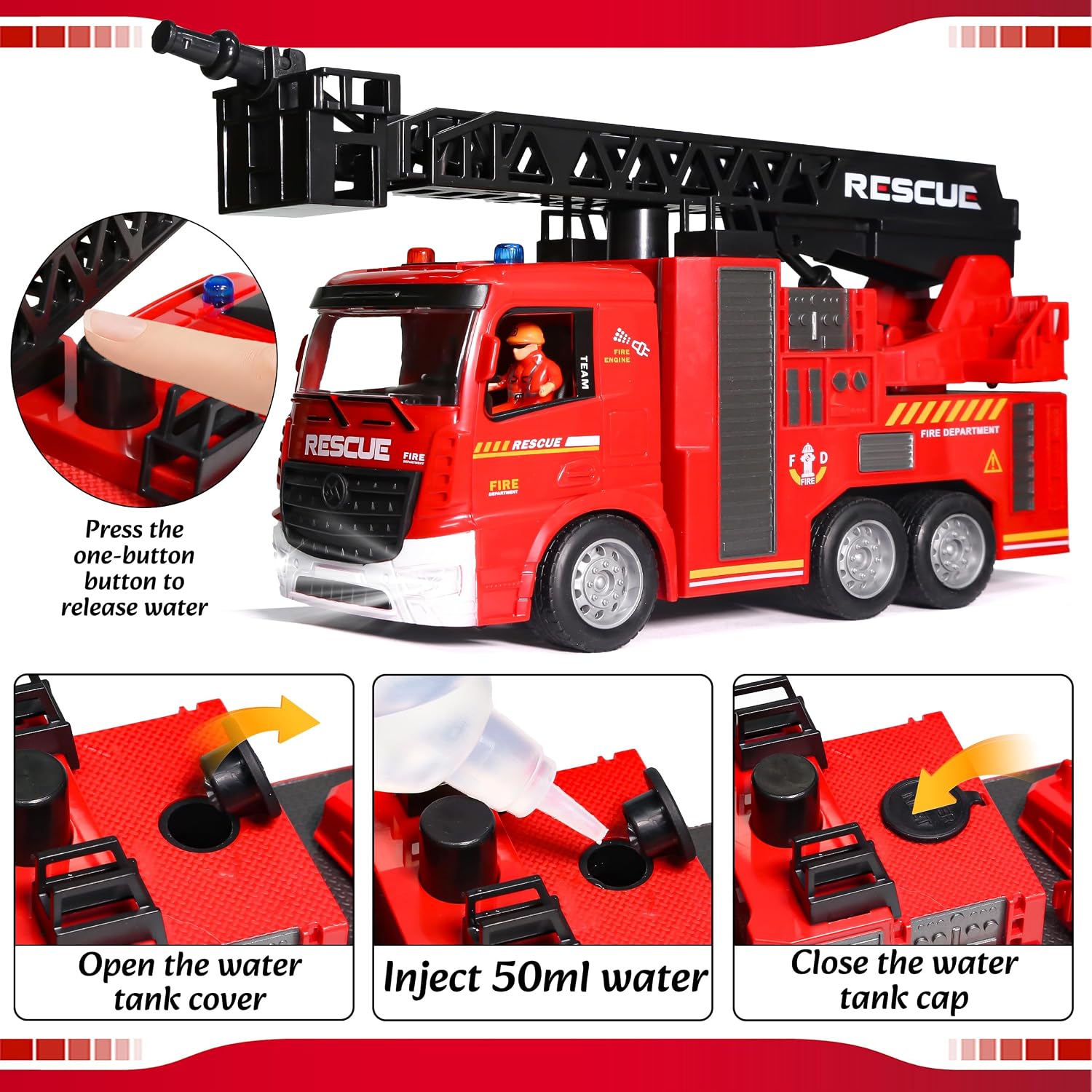 MQDMINI Remote Control Fire Truck Toy - Fireman Fire Truck with Jet Pump and Lights, Red Toy for 3 Year Old Boys, Girls and Toddlers