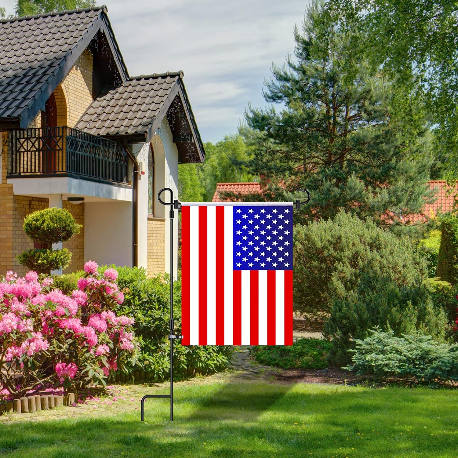 Garden Flag Stand, BONWIN 2 PCS Garden Flag Pole Holder Stands, Powder Coated Weather-Proof Paint Metal Flagpole Yard Flag Holder with Spring Stopper, Anti-Wind Clip for Garden Lawn, 35.3"H x 16.14"W