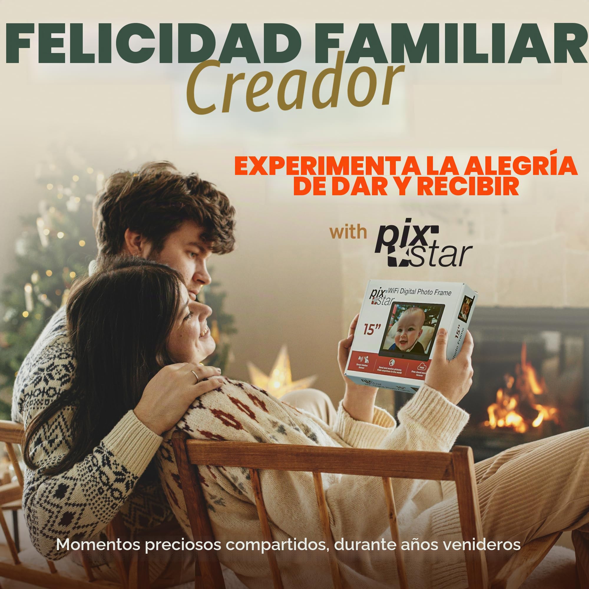 Pix-Star Marco de Fotos Digital WiFi de 15 Pulgadas con Almacenamiento en la Nube Gratuito | Muy regalable para Abuelos | Pantalla IPS | Sensor de Movimiento | Fácil configuración