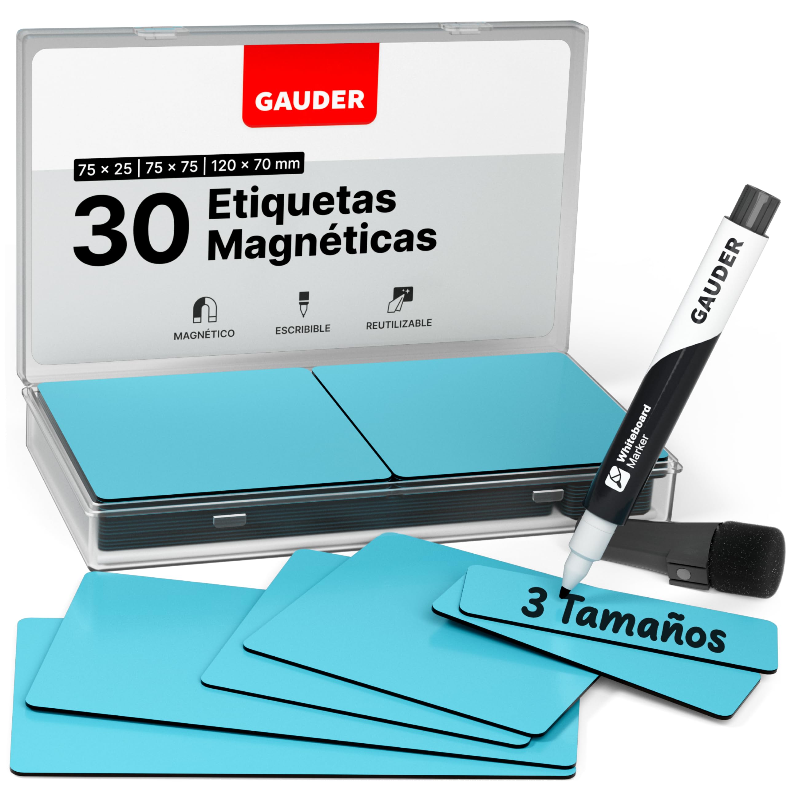 GAUDER Etiquetas Magnéticas Reutilizables - Imanes para Escribir para Pizarra Blanca, Tablero Kanban, Nevera y más - Tarjetas Magnéticas con Rotulador (30 Unidades - 3 Tamaños)