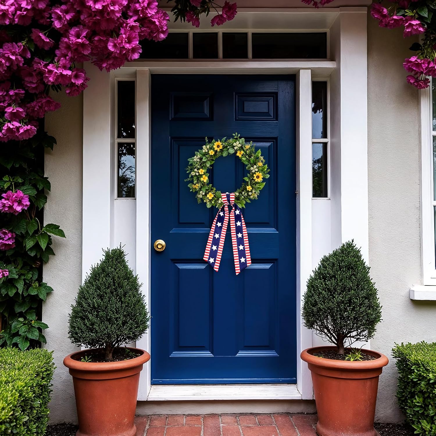 4th of July Wreath Sash for Front Door, Patriotic Red Blue White Star Wreath Satin Sash Embroidery Outdoor Indoor Xmas Party Yard Doorway 4.72" x 57.09"