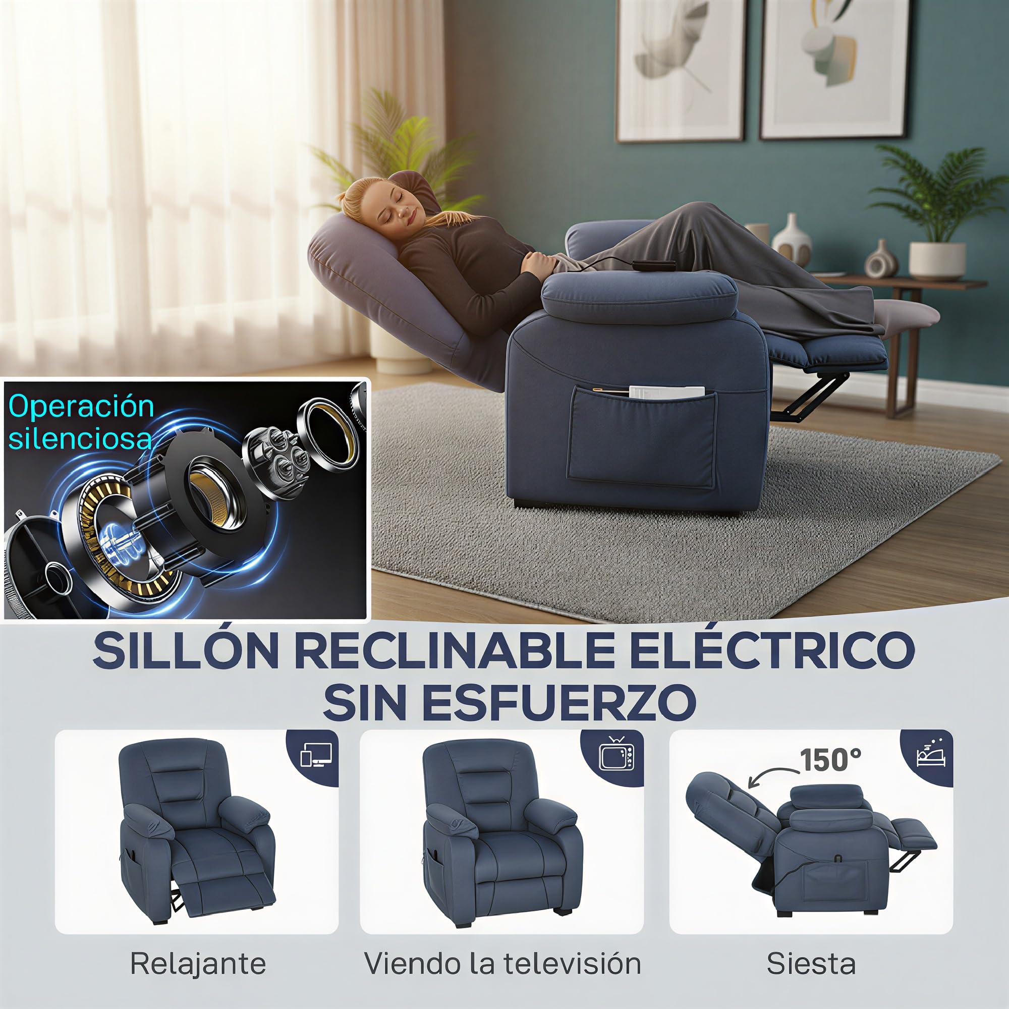HOMCOM Sillón Relax Reclinable Eléctrico con Función Memoria Azul | Sillón Reclinable Silencioso, Reposapiés, Mando a Distancia, Puerto USB, Bolsillos Laterales, Dormitorio, Tela Terciopelo