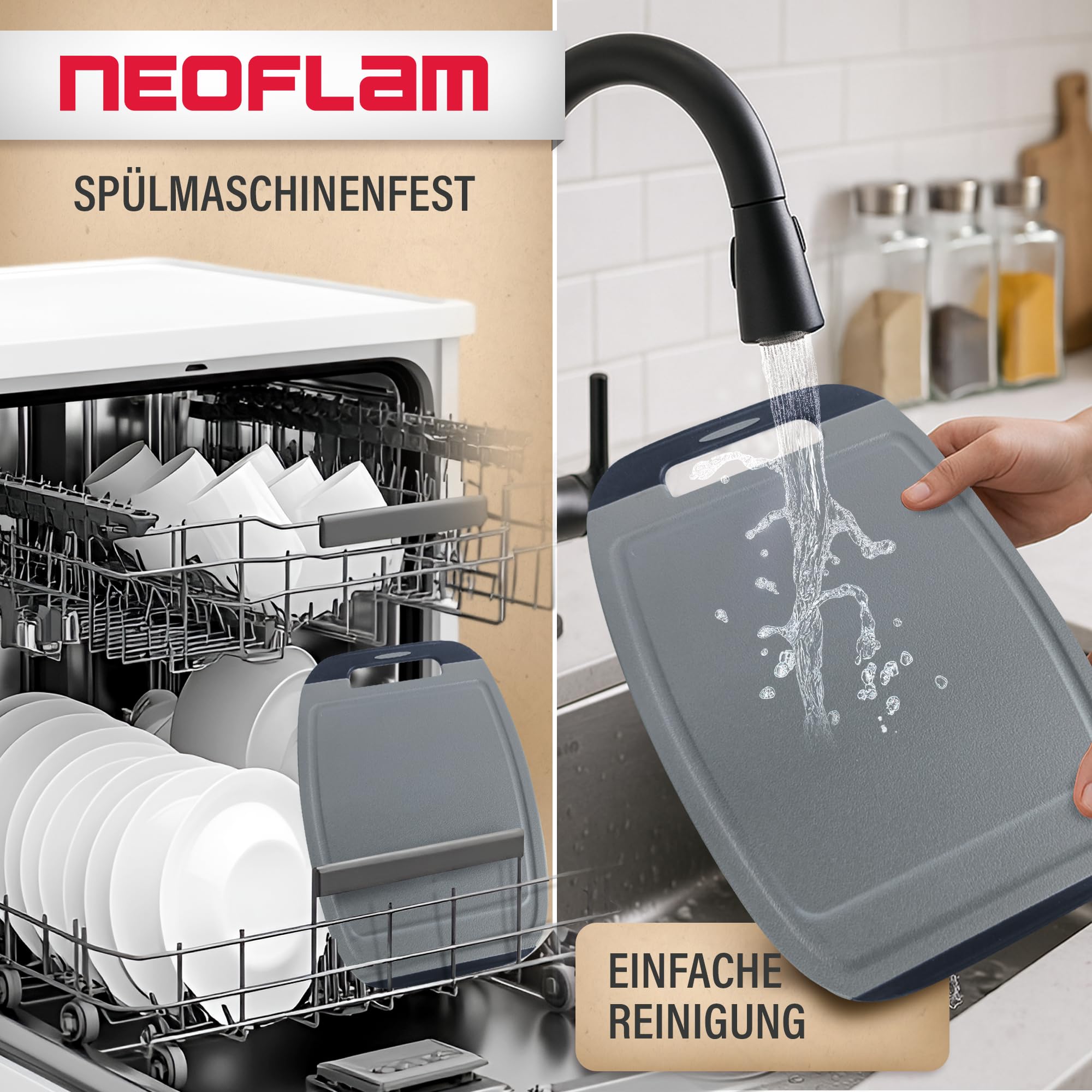 NEOFLAM® Tabla de cortar de plástico grande, mediana y pequeña – Tablas de cortar aptas para lavavajillas, juego de 3 piezas, sin BPA, tabla de cortar con mango y ranura para jugo, antibacteriana con