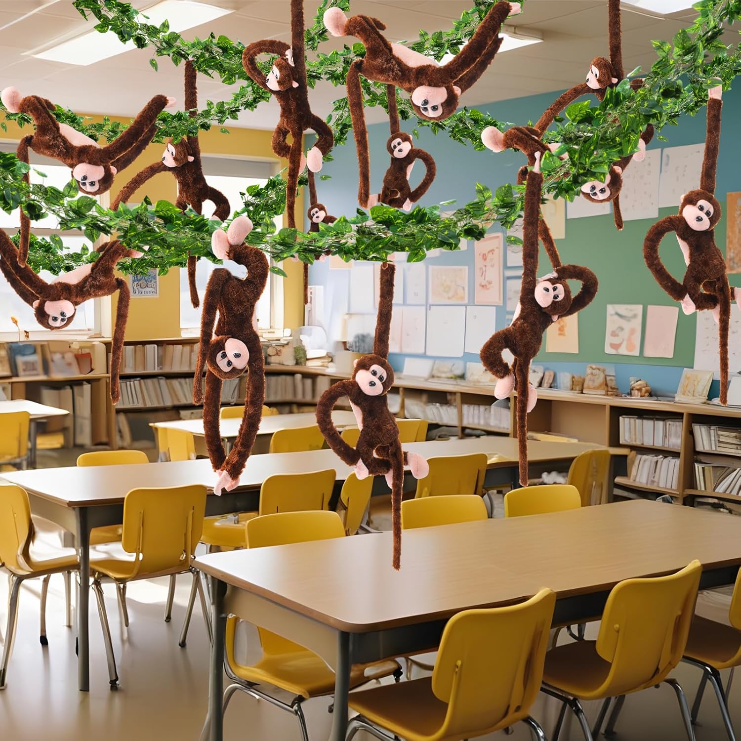 6 Pcs Hanging Monkey Stuffed Animal with 12 Pcs 7.22 ft Artificial Vine, 21 Inch Plush Hanging Monkey Stuffed Toy Hook and Loop Fastener for Kid Jungle Safari Birthday Classroom Party Favor