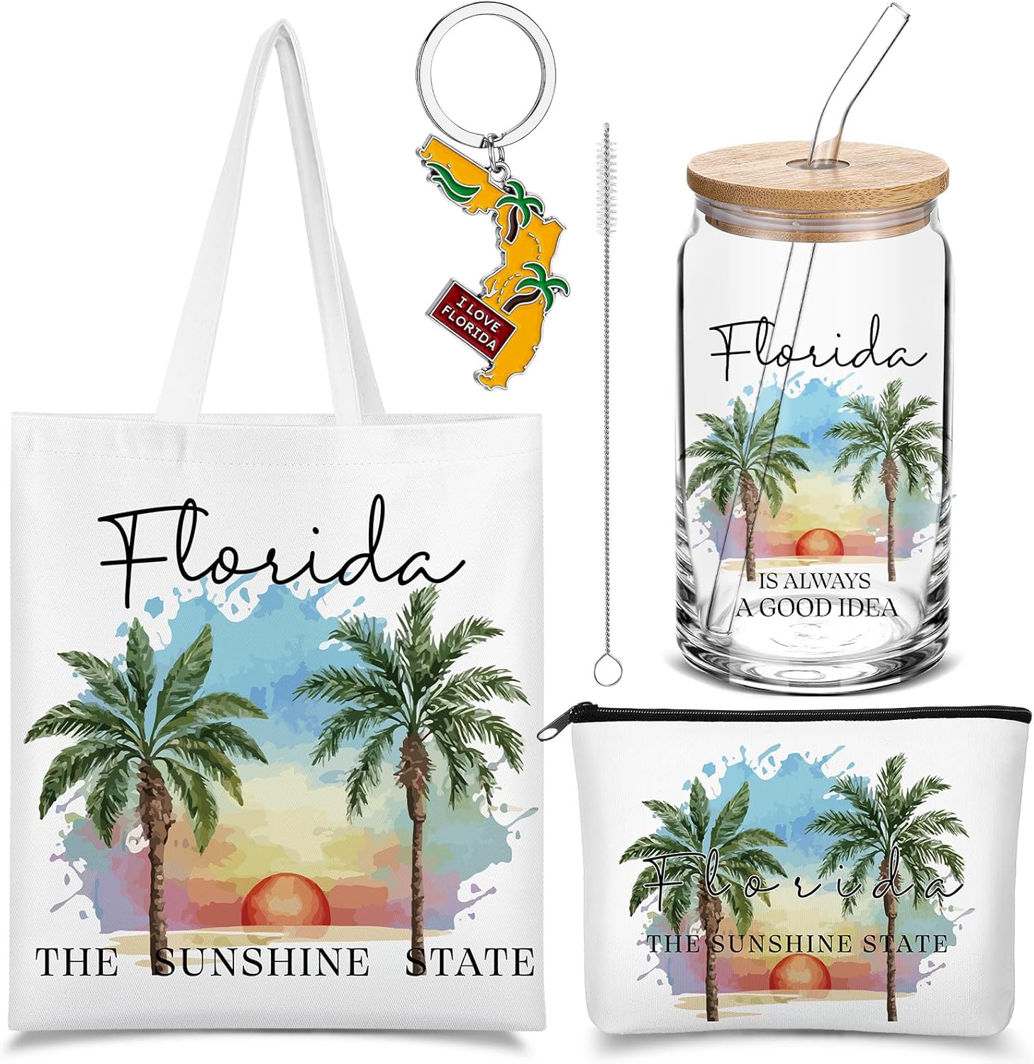 Chuangdi 4 Pcs Florida Travel Gifts Set Canvas Bag Cosmetic bag 16 oz Tumbler and Keychain Florida City Souvenirs Gifts for Traveler Friend Lover Sister