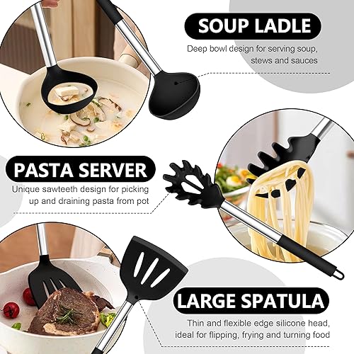 Miniatura 4 de TeamFar Juego de 14 utensilios de cocina de silicona, con mango de acero inoxidable, para freír, servir, voltear y escurrir, no tóxico y resistente