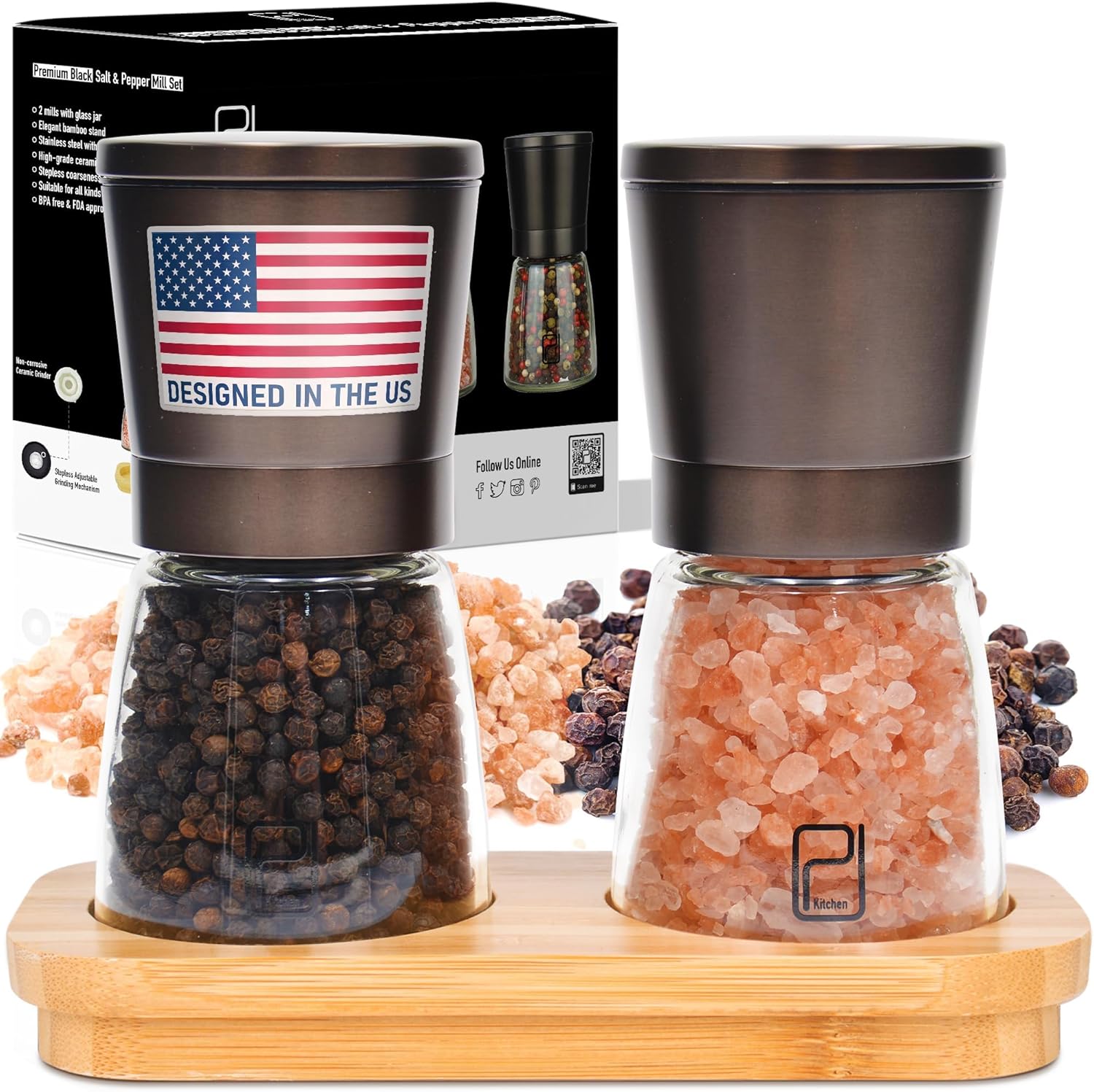 Premium Salt and Pepper Grinder Set with Bamboo Holder - 5 oz, Black Bronze Stainless Steel - S&P Spice Shakers - Refillable & Adjustable Coarseness Hand Mill for Spices & Seasonings - by PJC-Kitchen