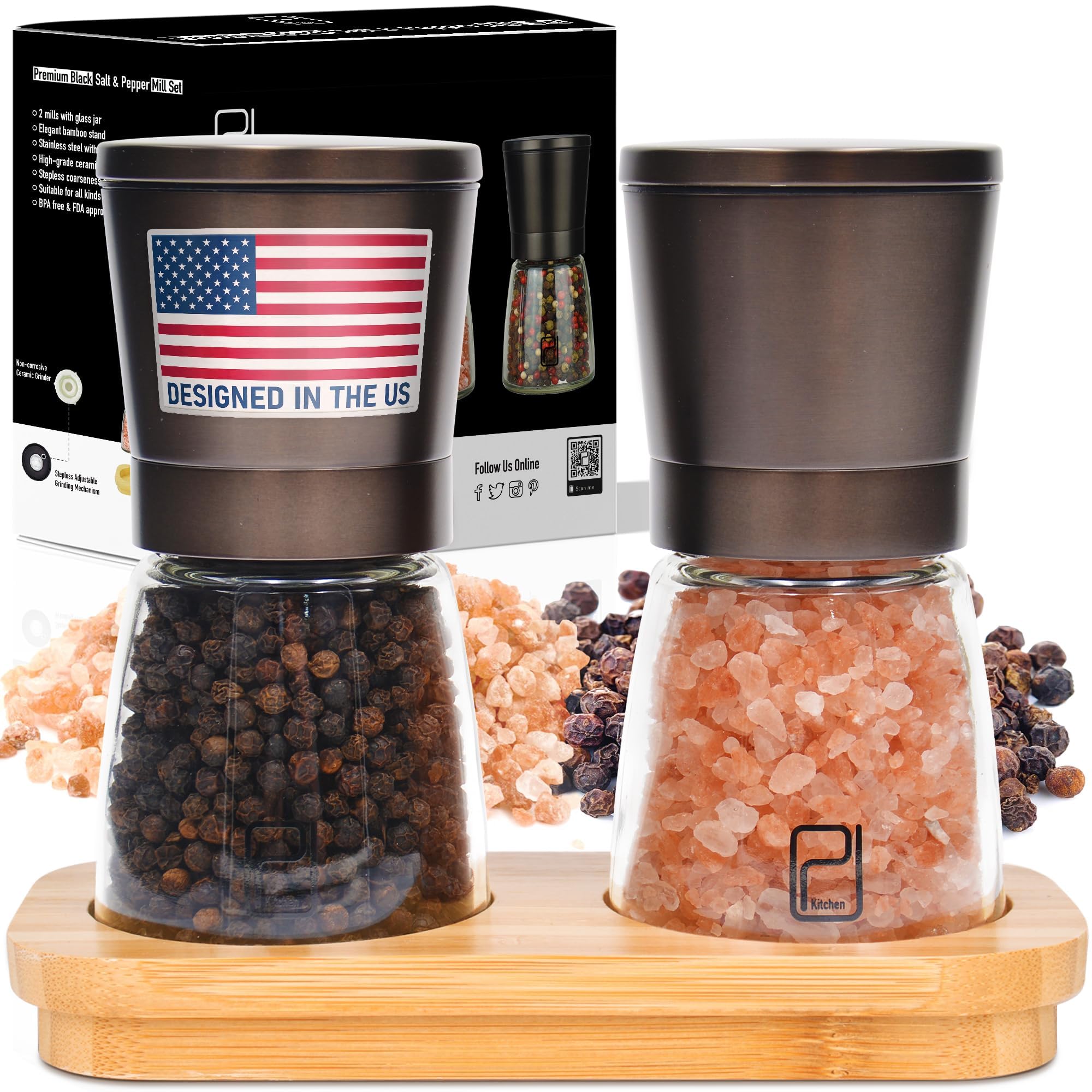 Premium Salt & Pepper Grinder Set - Stainless Steel & Bamboo -1