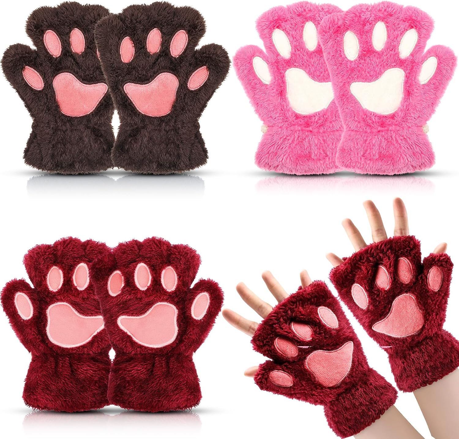 Geyoga 3 Pairs Cat Paw Gloves Therian Theme Furry Kawaii Plush Fingerless Paws Cosplay Gloves Girls Women Gift Costume Favor