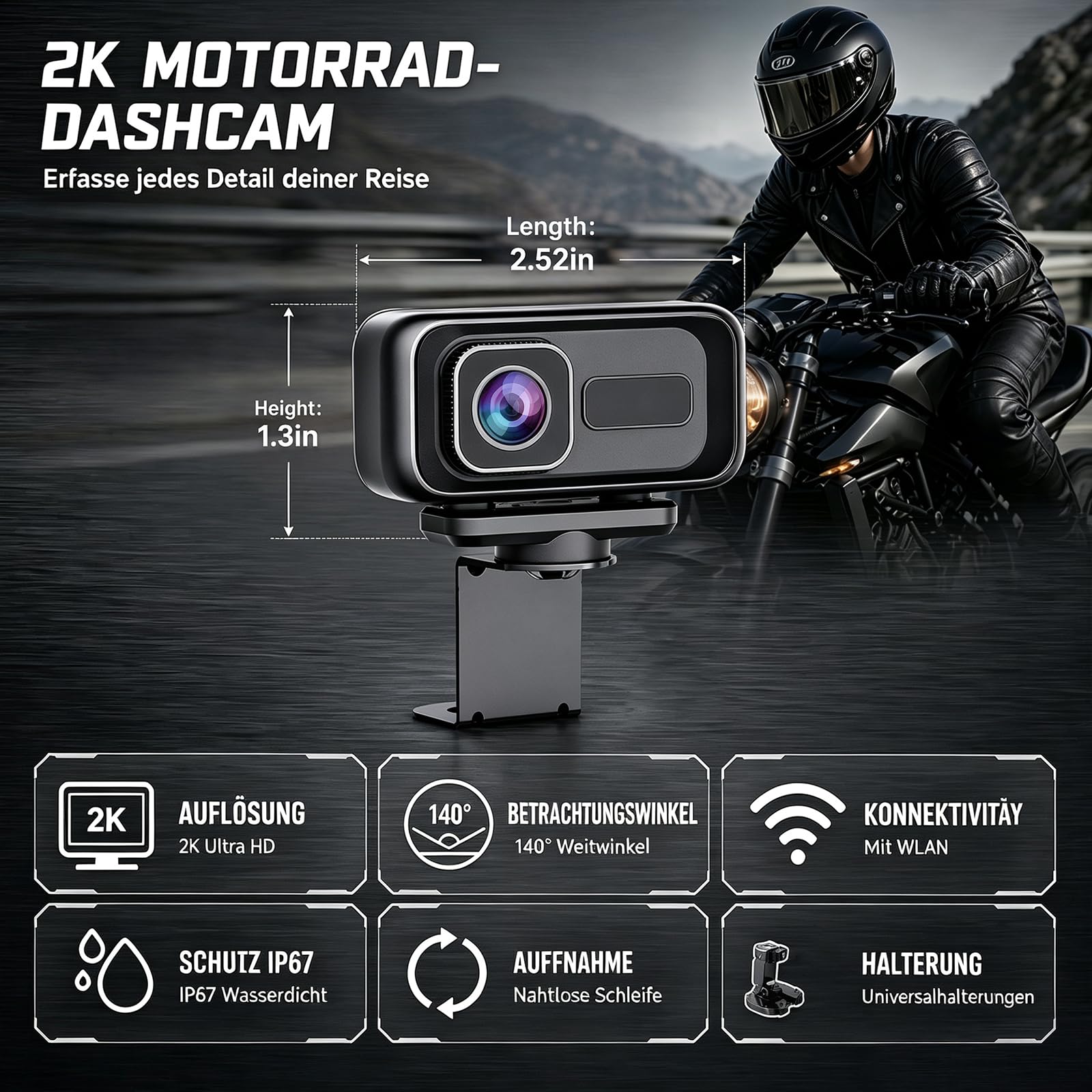 Action Camera portatile, 2K e 120°, grandangolo per moto, Wi-Fi, sensore G, blocco collisione, con IP65, per moto, bici elettriche e sport all'aria aperta