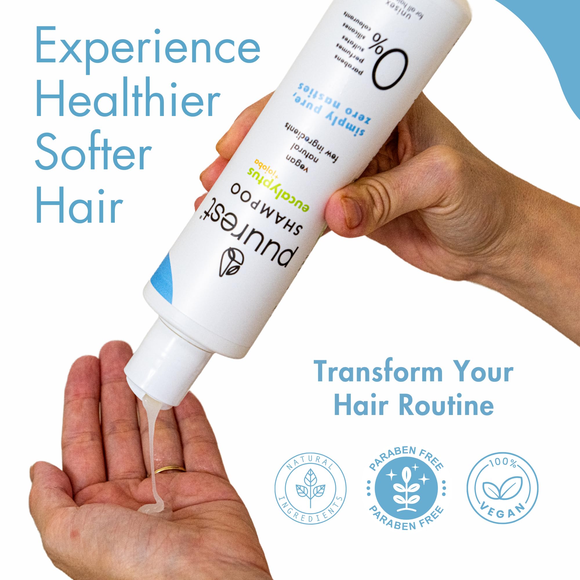 Puurest Shampoo senza solfati, siliconi, parabeni e sale – naturale, vegan, idratante, senza profumo, con olio di eucalipto e jojoba, 250ml