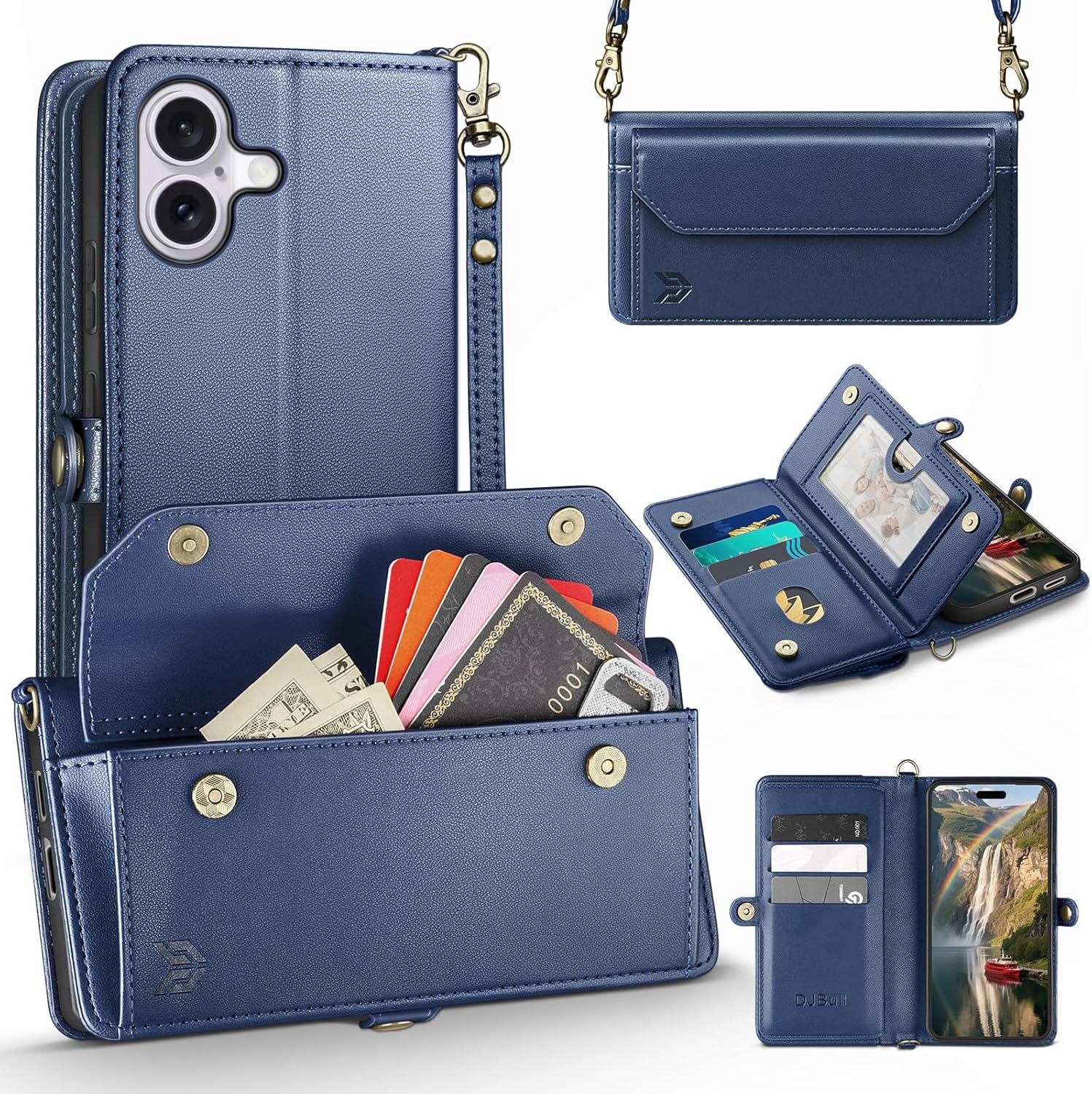 DJBull for iPhone 17 6.3" Wallet Case with Card Holder, Shoulder and Wristlet Straps, Soft PU Leather, Magnetic Snap, Flip Phone Case for Women Men for Apple 17 Blue