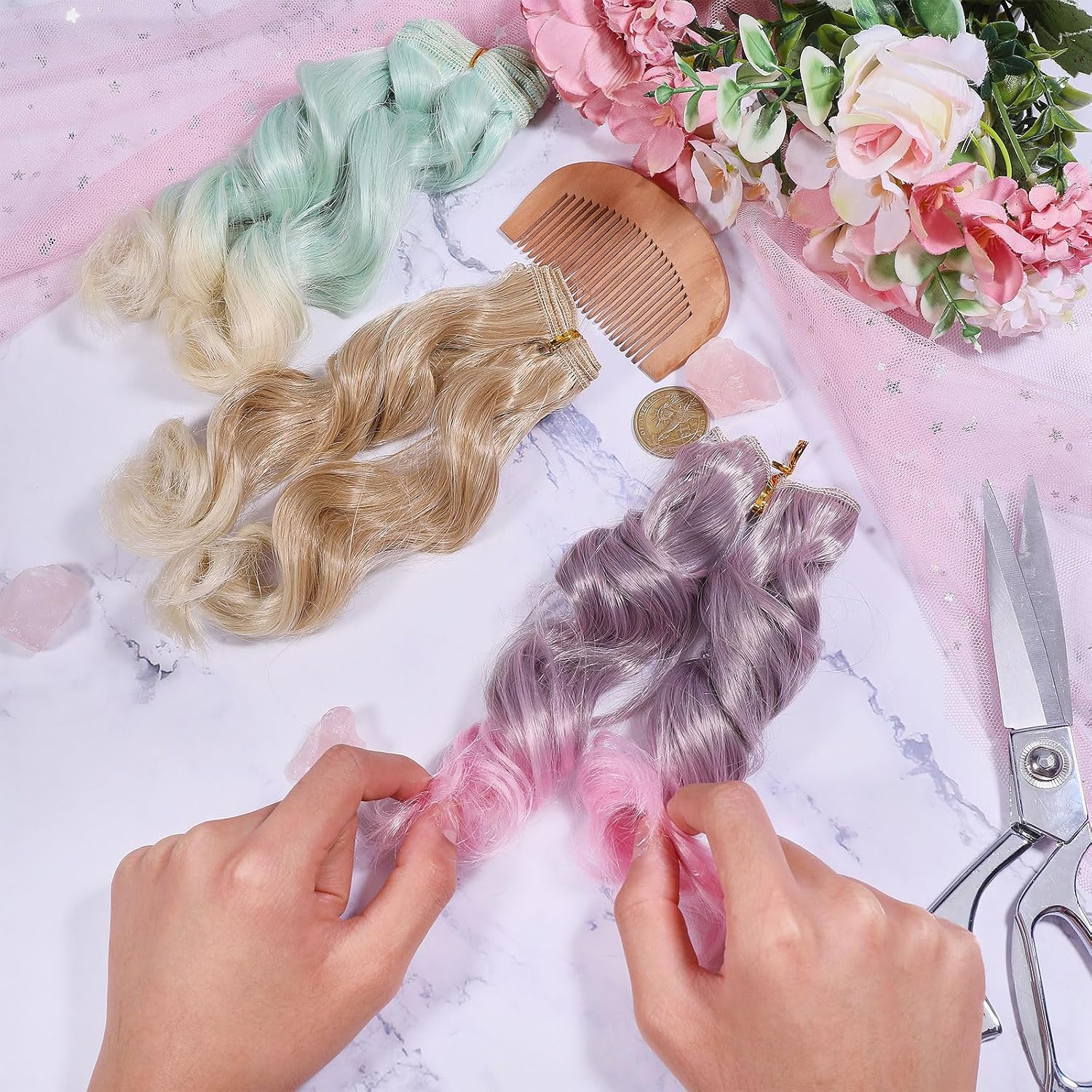 GLOBLELAND 3 Pcs 3 Colors Doll Curly Gradient Wig Hair 7 inch Fashion Soft Flexible Synthetic Perm Hair Long Extension Dolls Accessories for DIY BJD Doll Making Craft
