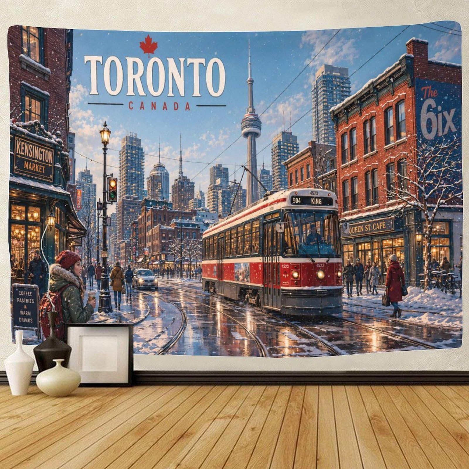 ASDFGHJKLZA Vintage Toronto Tapestry for Bedroom Wall Hanging Decor 3D Print Winter Streetscape Tapestries Poster Home Decoration Living Room College Dorm 100cmx150cm