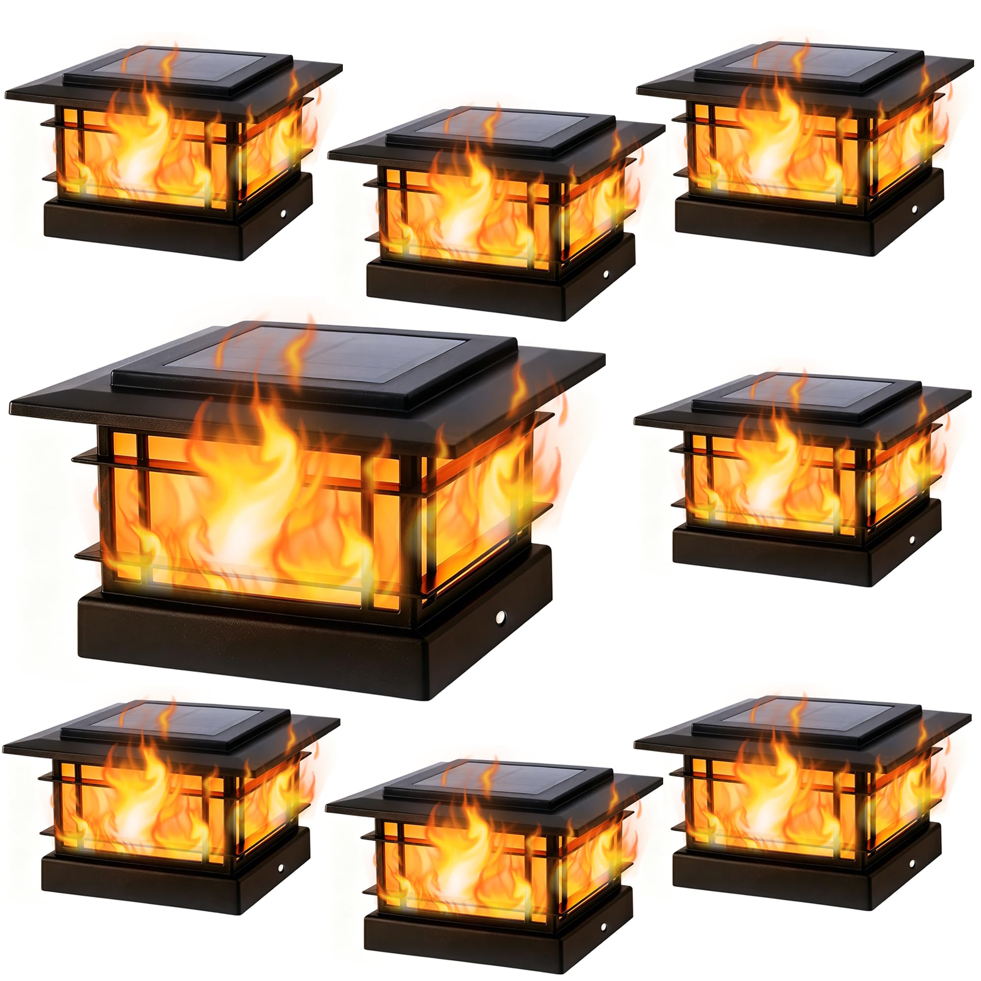 Dynaming Lot de 8 lampes solaires d'extérieur avec flamme vacillante, coque noire pour poteaux de clôture de 10,2 x 10,2 cm, en vinyle/bois, éclairage LED lumineux pour jardin, terrasse, terrasse