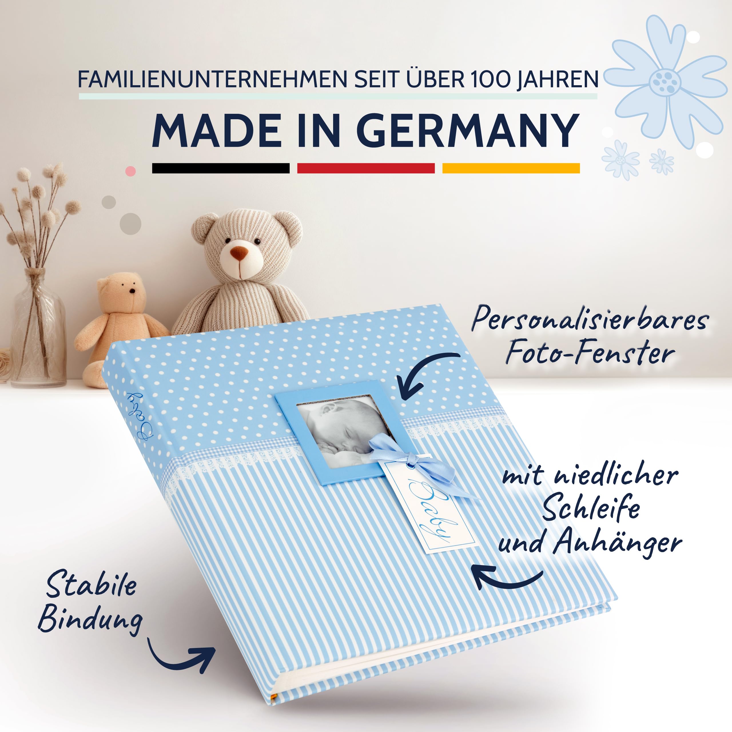 goldbuch 15802 Babyalbum mit Fensterausschnitt, Fotoalbum mit 58 weißen Blankoseiten und 4 illustrierten Seiten, Pergamin-Trennblätter, Kunstdruck, Papier, Sweetheart Blau, 30x31 cm