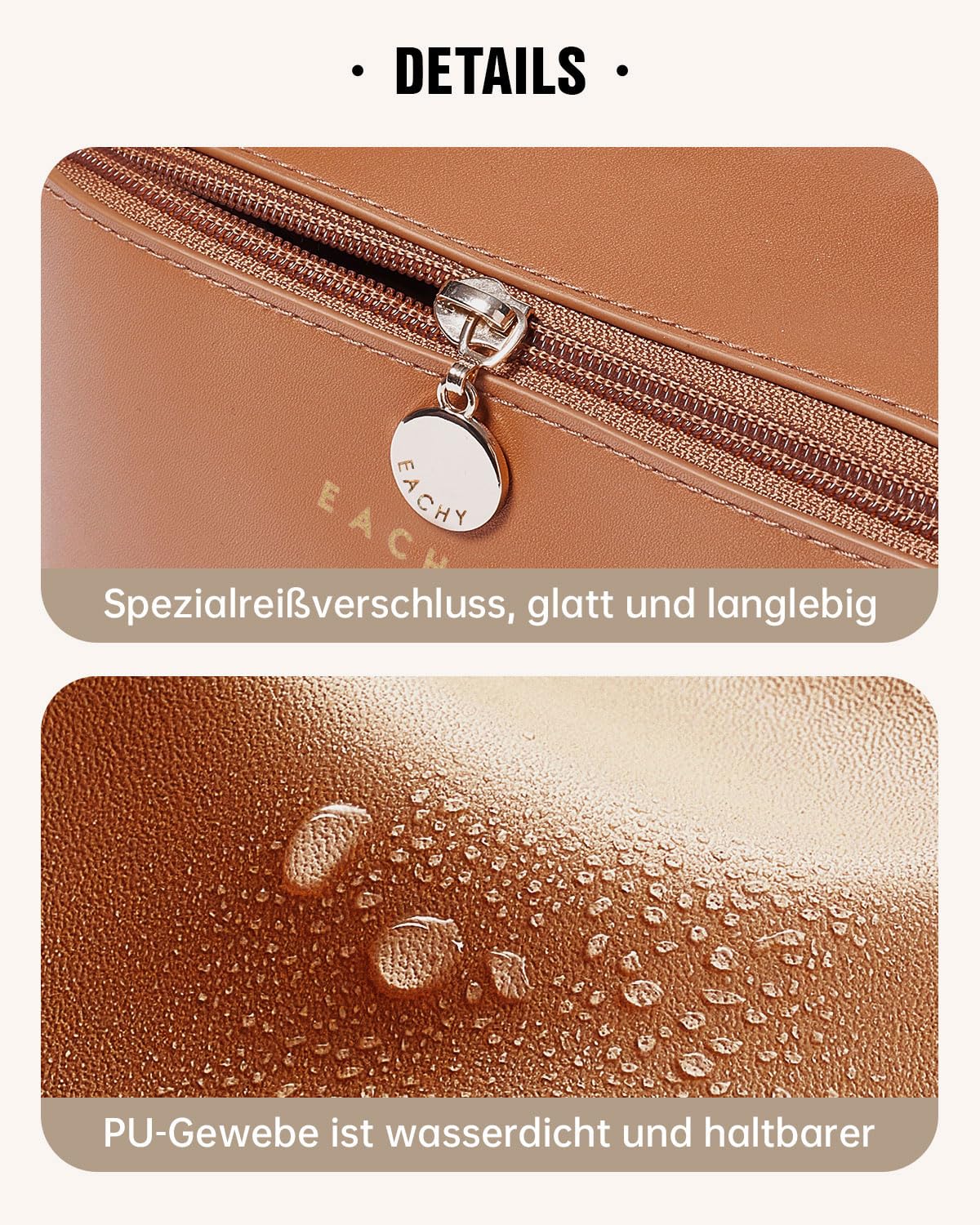 EACHY Kosmetiktasche Damen, PU-Leder Make up Tasche mit Transparenten Trennern, wasserdichte Reise Schminktasche mit Griff, Luxus Kulturbeutel für Frauen oder Geschenkidee (Brown, Mittelgröße)