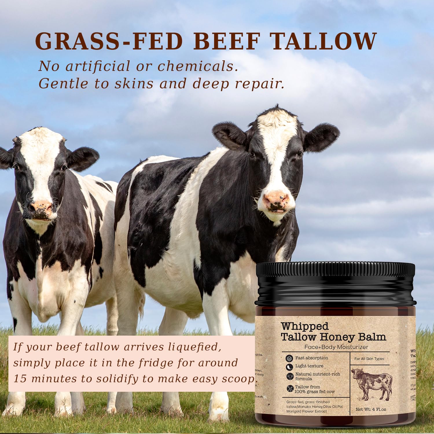 Scosvvi Whipped Beef Tallow Honey Balm: Grass-Fed Beef Tallow Honey Balm for sensitive skin Beef Tallow Moisturizer For Face, Hands Non-Greasy Nourishing With Vitamin Safe for All Skin Types 4 oz - Image 4