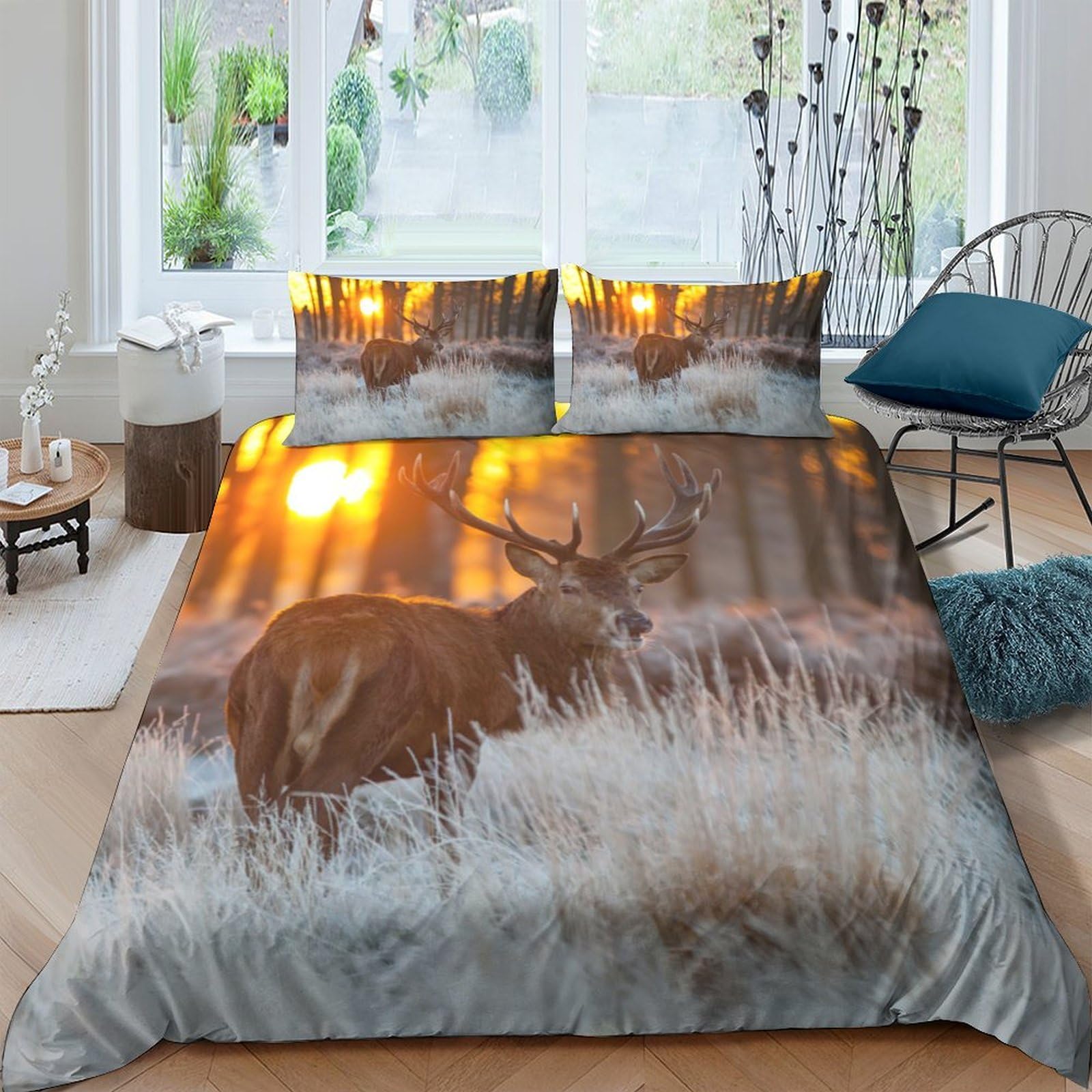 Ctjqhvkz Style-10 3D Printed Deer Forest Fitted Sheet Microfiber Soft Non-Slip Autumn Sunrise Bed Cover For Bedroom Guest Room Single（135X200cm）