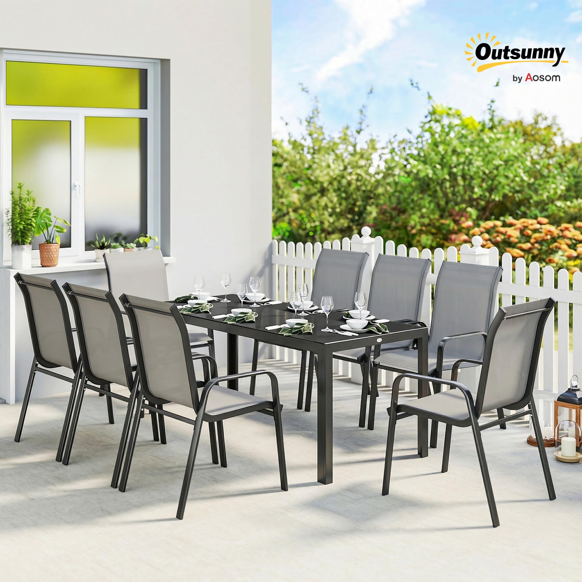 Outsunny Set Tavolo e Sedie da Giardino 9 Pezzi, Set Pranzo Esterno con Tavolo in Vetro Temperato, 8 Sedie Impilabili in Texteline, Set Mobili da Giardino per Terrazza Balcone Patio, Grigio Chiaro