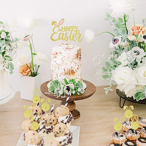 Miniatura 9 de Ercadio Paquete de 25 adornos para cupcakes con diseño de conejito con decoración de pastel de Pascua, orejas de conejo con purpurina, suministros