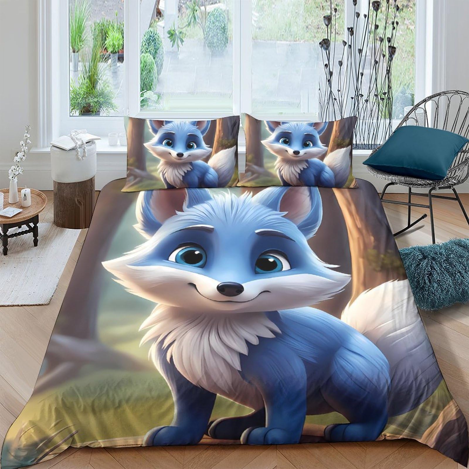 Ctjqhvkz Style-7 3D Printed Blue Fox Cartoon Fitted Sheet Microfiber Soft Anti-Slip Animal Forest Bed Cover For Bedroom Guest Room Decor Single（135X200cm）