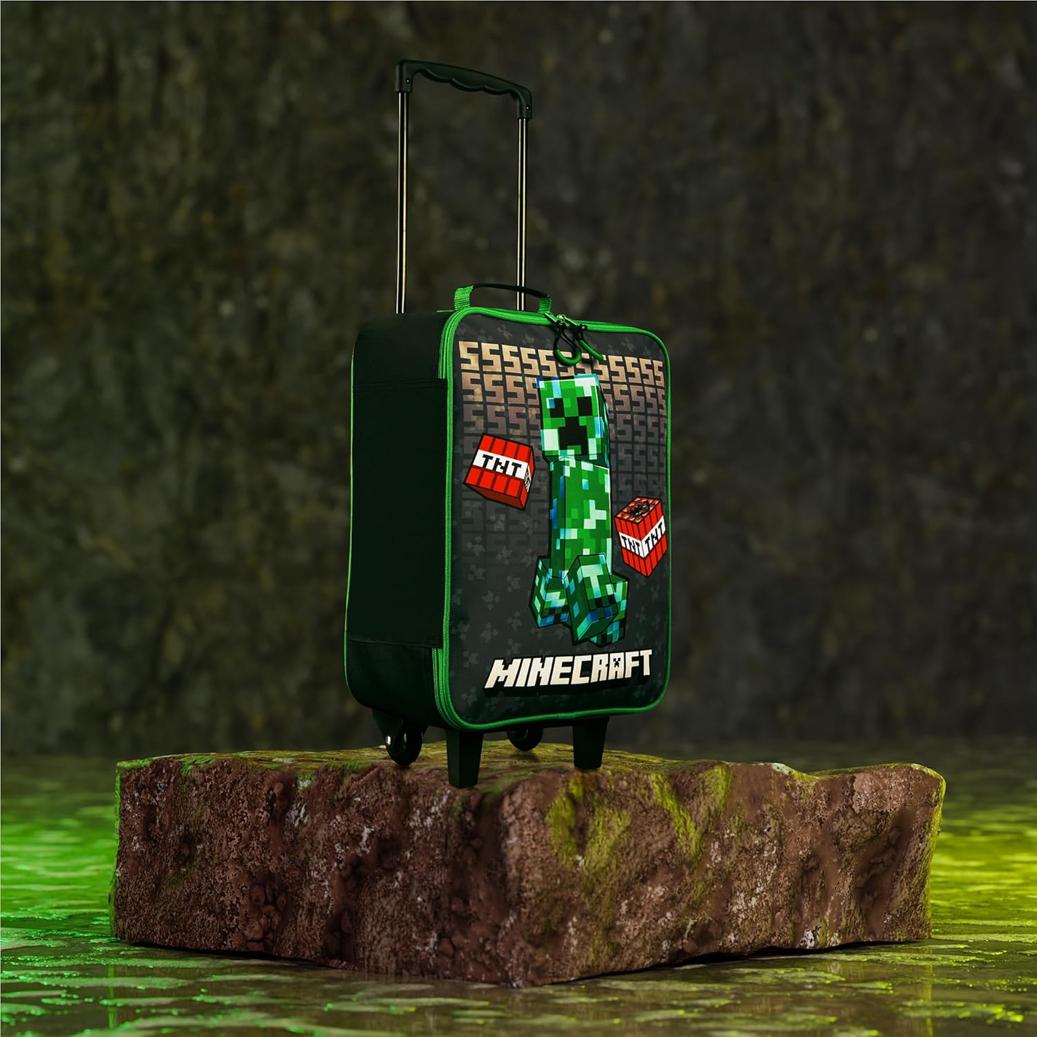 Minecraft Kids Luggage with Wheels Foldable Rolling Suitcase Creeper Travel Bag Vacation Weekend Trips Travel Essentials (L18.1inch x W11.8inch - 15L, Black)