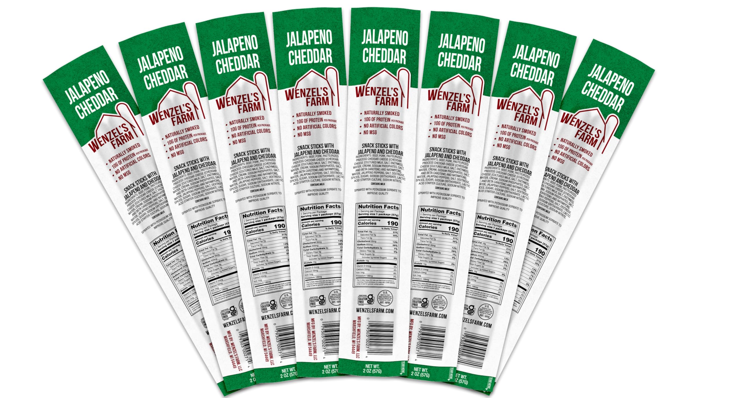 Wenzel’s Farm Jalapeno Cheddar Sticks │Snack Sticks │ Flavorful, Natural Smoked │ High Protein, Low Carb │ No MSG, Fillers, Binders, Artificial Colors │ Gluten Free | 16 sticks (8 packs of 2)