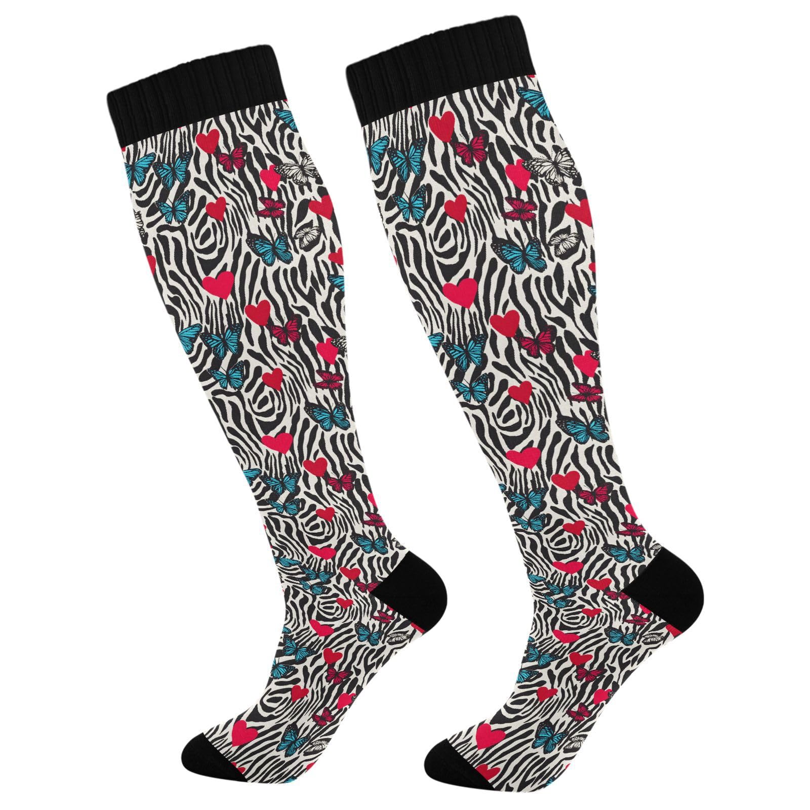 ALAZA Zebra Leopard Print Butterfly Compression Socks for Women Men Circulation Long Socks Running Athletic Cycling 2 pair