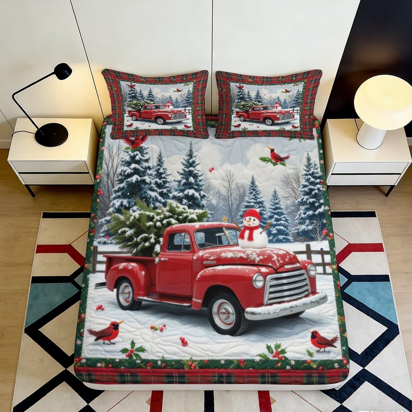 3D Printed Red Vintage Truck Fitted Sheet Microfiber Snowman Christmas Tree Mattress Cover for Bedroom Home Décor 120x200x25cm