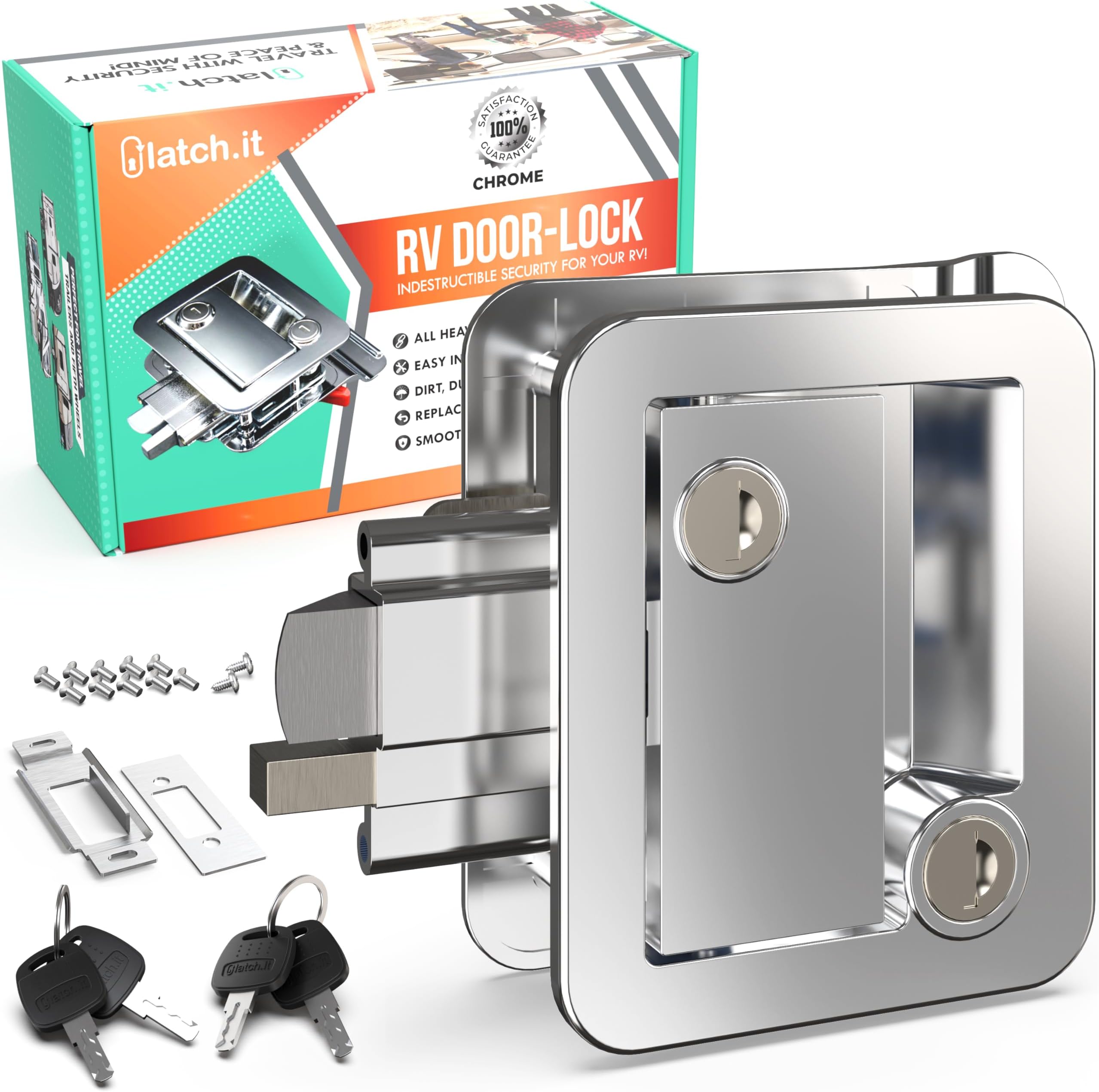 LATCH.IT Chrome RV Door Lock Replacement | Premium RV Door Handle & Camper Latch with 4 Keys | Trusted Trailer Lock for Travel Camper | Fits 2.75"x3.75" Holes | Travel Trailer Locks Replacement