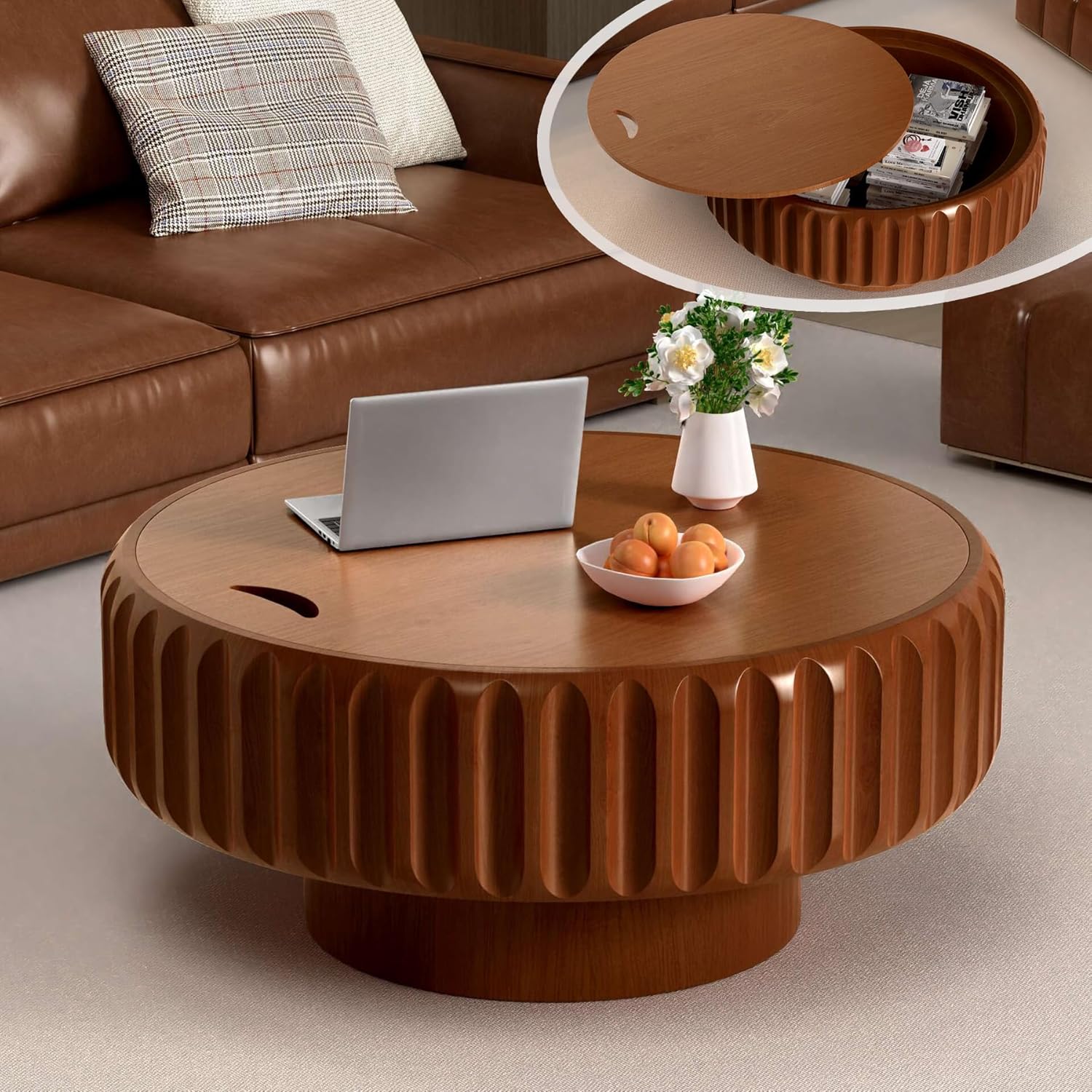 31.5" Round Coffee Tables with Hidden Storage, Handcraft Fluted Drum Coffee Table with Solid Wood Veneered, Modern Wooden Coffee Table Cocktail Table for Living Room Apartment (Round 31.5")