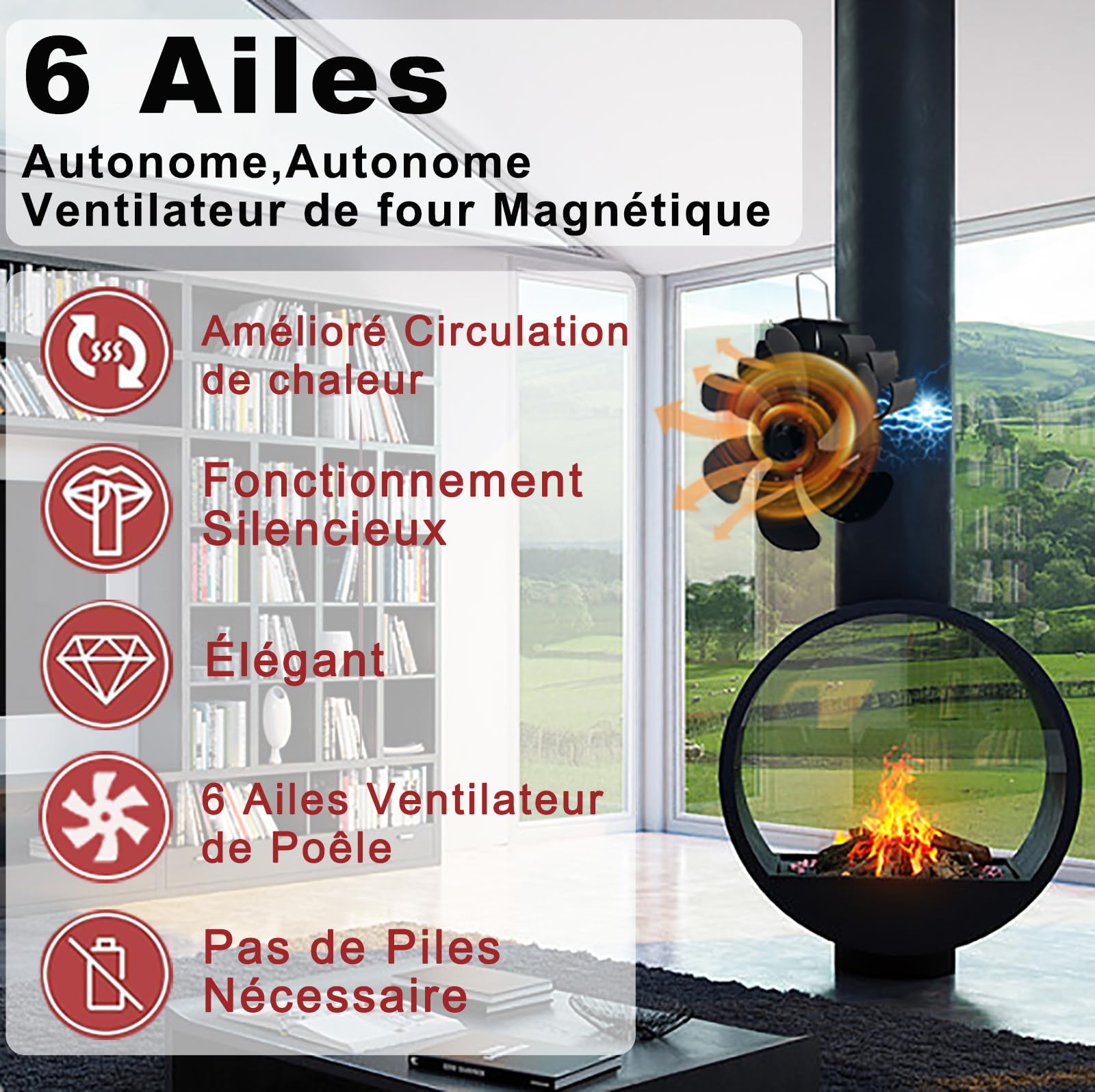 Ventilateur de Cheminée Magnétique à 6 Feuilles Sans électricité,Alimenté par la Chaleur,Respectueux de l'environnement Sur la Cheminée
