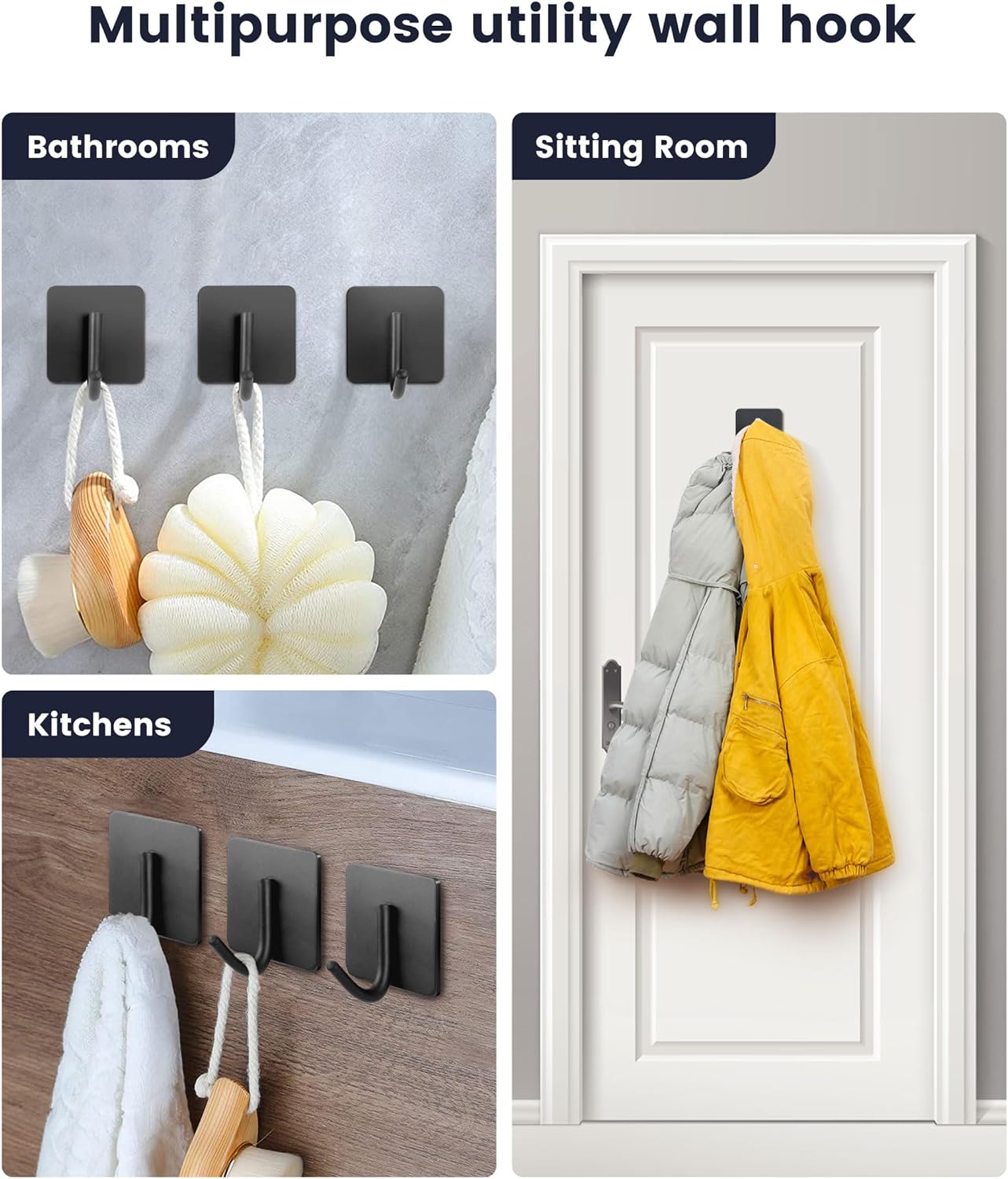 xdgeLoad Adhesive Hooks, 16 Pack Towel Hooks Wall Hooks for Hanging, Stick on Hooks, Adhesive Towel Hooks for Bathroom Door Hanger Kitchen Closet Cabinet Stainless Steel Matte Dark Gray