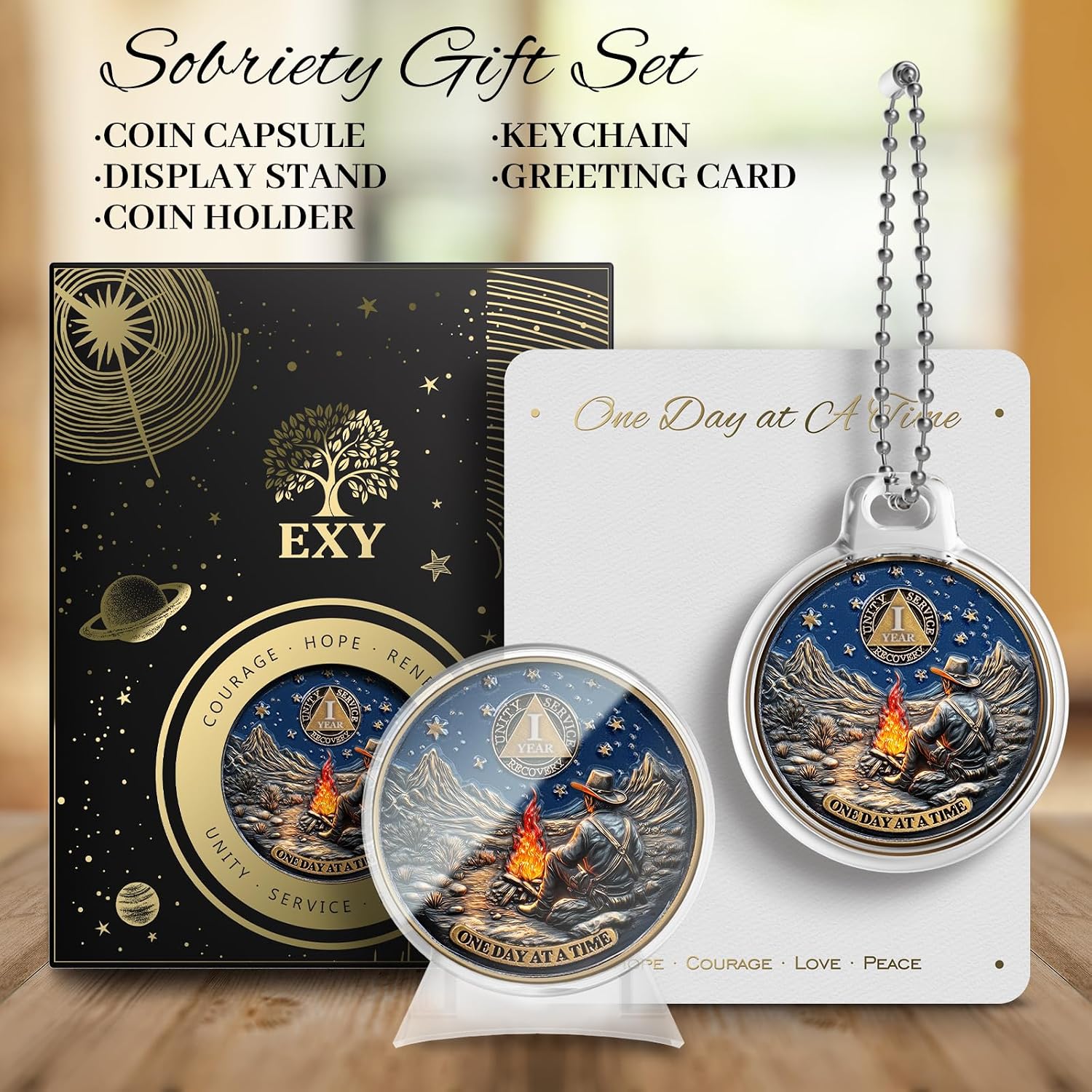 EXY 1 Year Sobriety Coin | Cowboy Campfire Warmth Design | 3D Texture AA NA Medallions & Recovery Chips | Anniversary Sobriety Gift Set with Token Capsule, Stand & Card for Men Women
