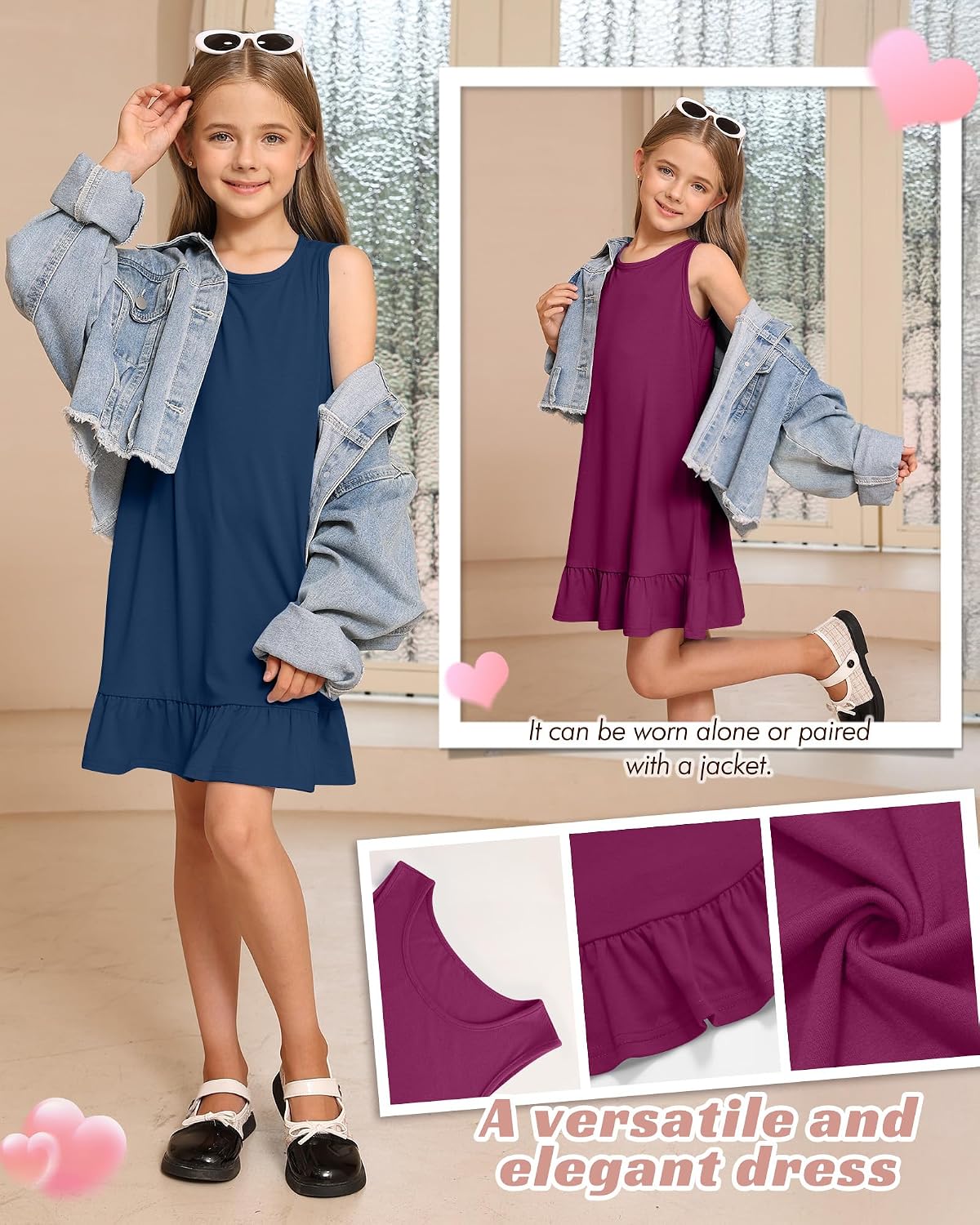 Halfchet 2 Pack Girls Dresses Sleeveless Summer Ruffle Hem Crewneck Sundresses Casual Loose Kids Teen Tank Dress with Pockets